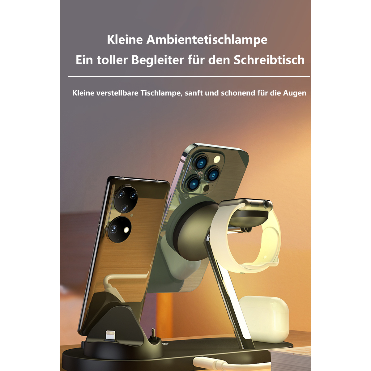 Eine Ladestation mit zwei Handys, einer Uhr und Ohrhörern. Die Station steht auf einem schwarzen Sockel.