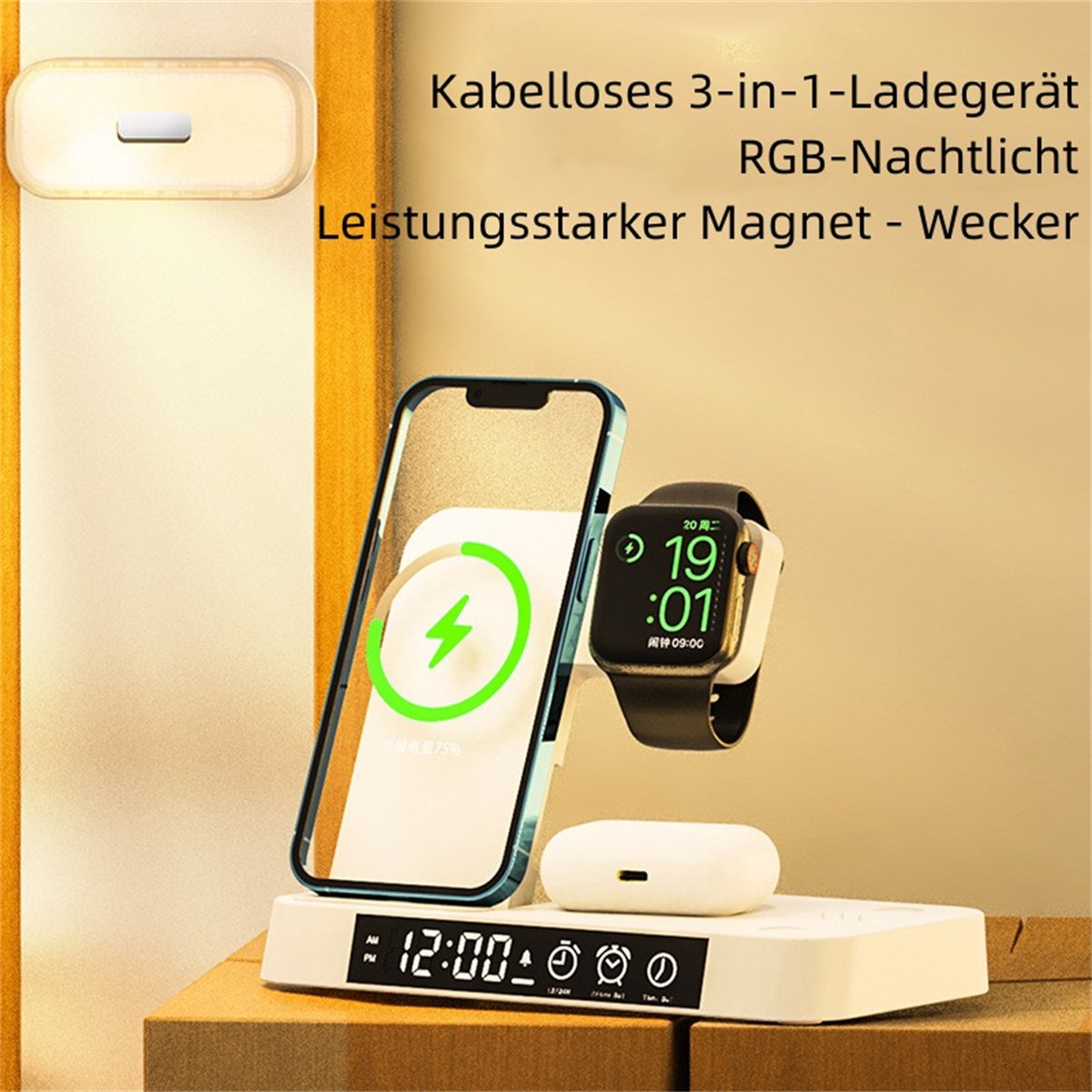 RGB-Nachtlicht, Faltbares Weiß - Uhranzeige, ENBAOXIN Alarmeinstellung Ladegerät kabelloses iPhone, 3-in-1-Ladegerät