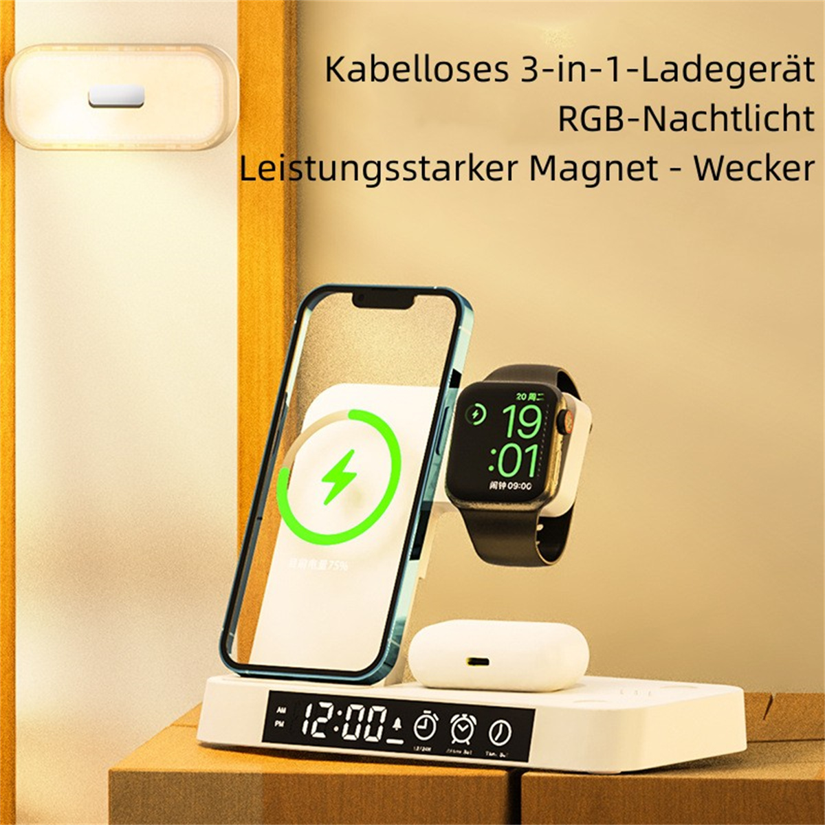 Eine kabellose Ladestation mit Telefon, Uhr und Ohrhörern. Das Telefon zeigt 75 % Ladung, auf einem Holztisch.