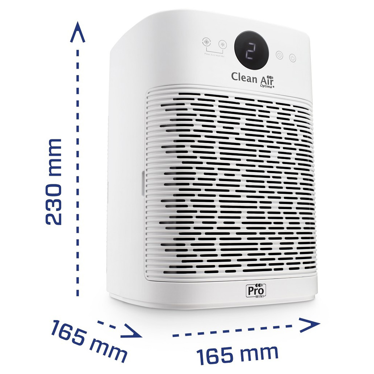 Purificatore d'aria bianco con linee di dimensioni. Testo: 230mm, 165mm, 165mm. Testo: Clean Air Optima.