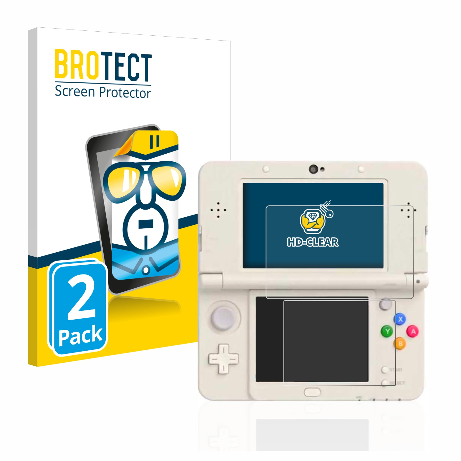 Ein weißer Nintendo 3DS mit Displayschutzfolie und einer Box mit Displayschutzfolien.