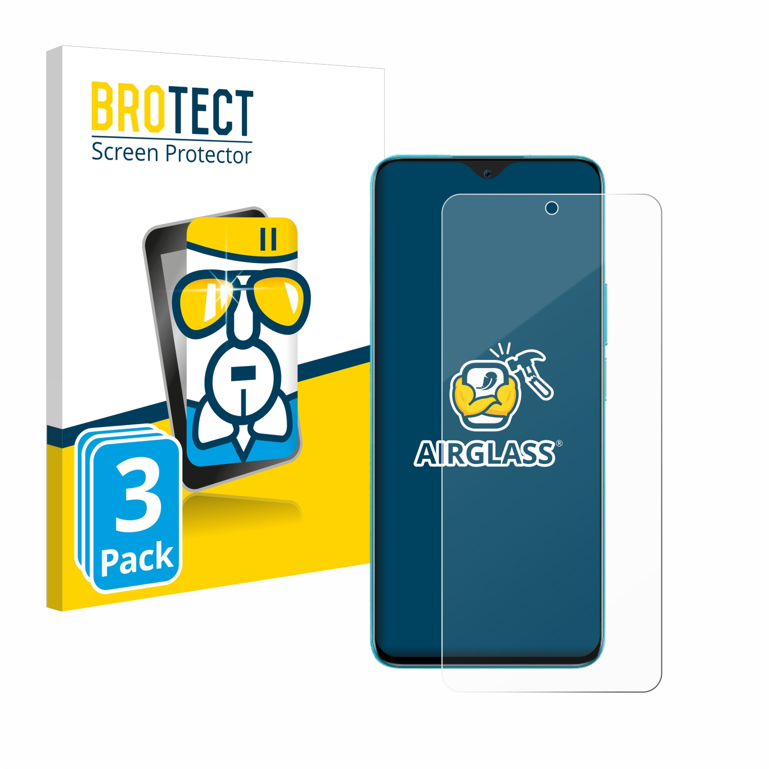 Smartphone mit Displayschutzfolie und Verpackung. Der Schutz ist klar.