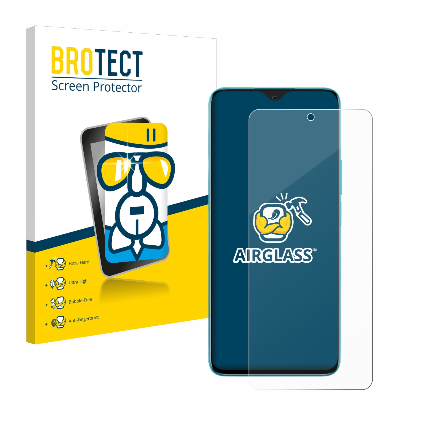 Ein Telefon mit Displayschutz und seiner Verpackung. Die Verpackung zeigt ein Telefon mit Brille.