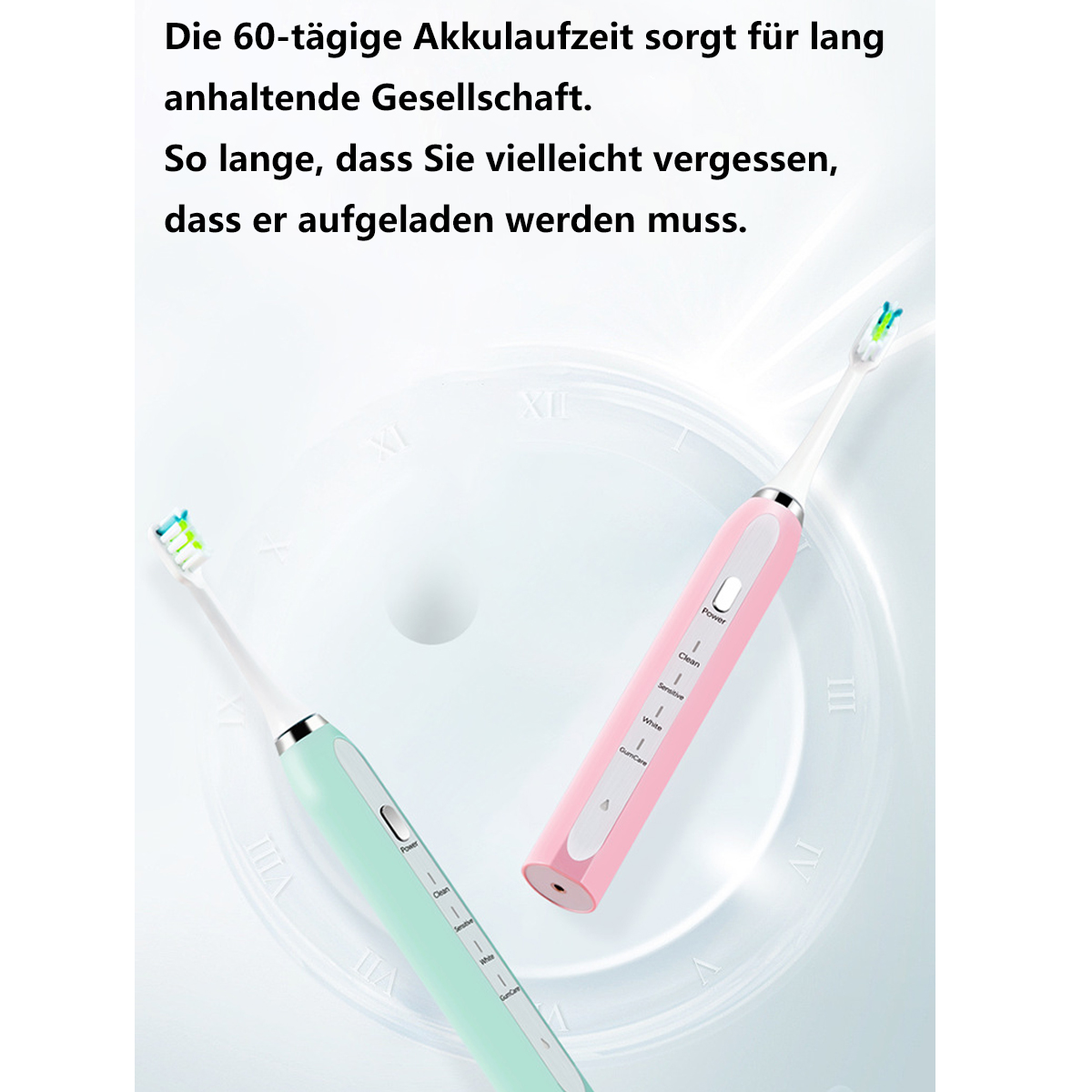 Zwei elektrische Zahnbürsten, eine rosa und eine grüne, mit Uhrenhintergrund.
