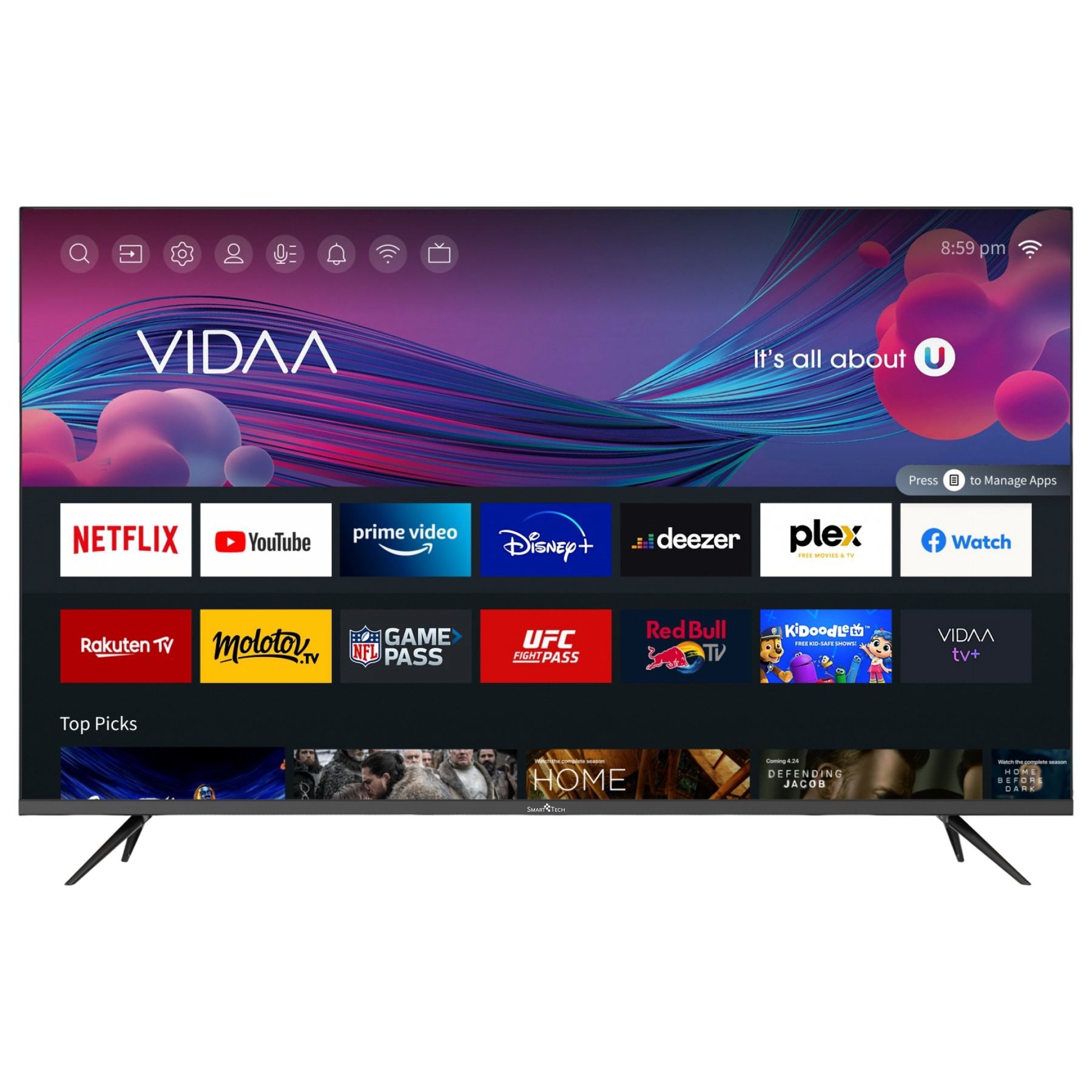 Duży ekran telewizora wyświetlający aplikacje i zawartość. Czarna ramka, cienkie nogi. Białe tło.