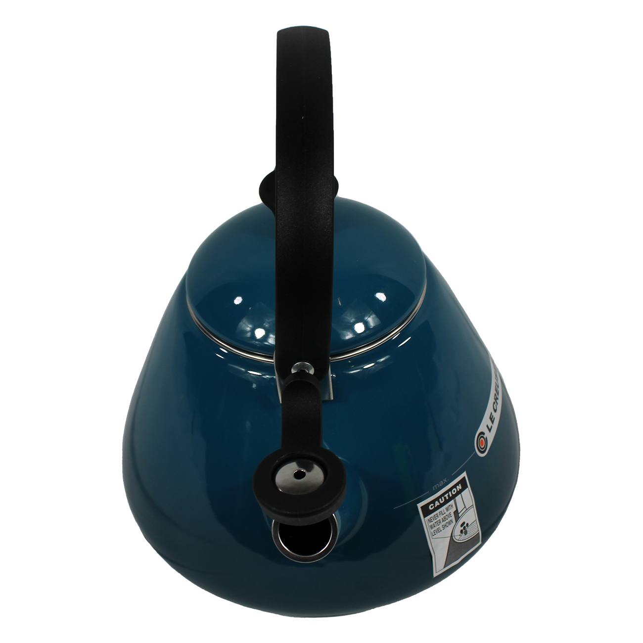 Teekessel von oben, schwarzer Griff. 'Le Creuset'-Aufkleber, Vorsichtsetikett sichtbar.