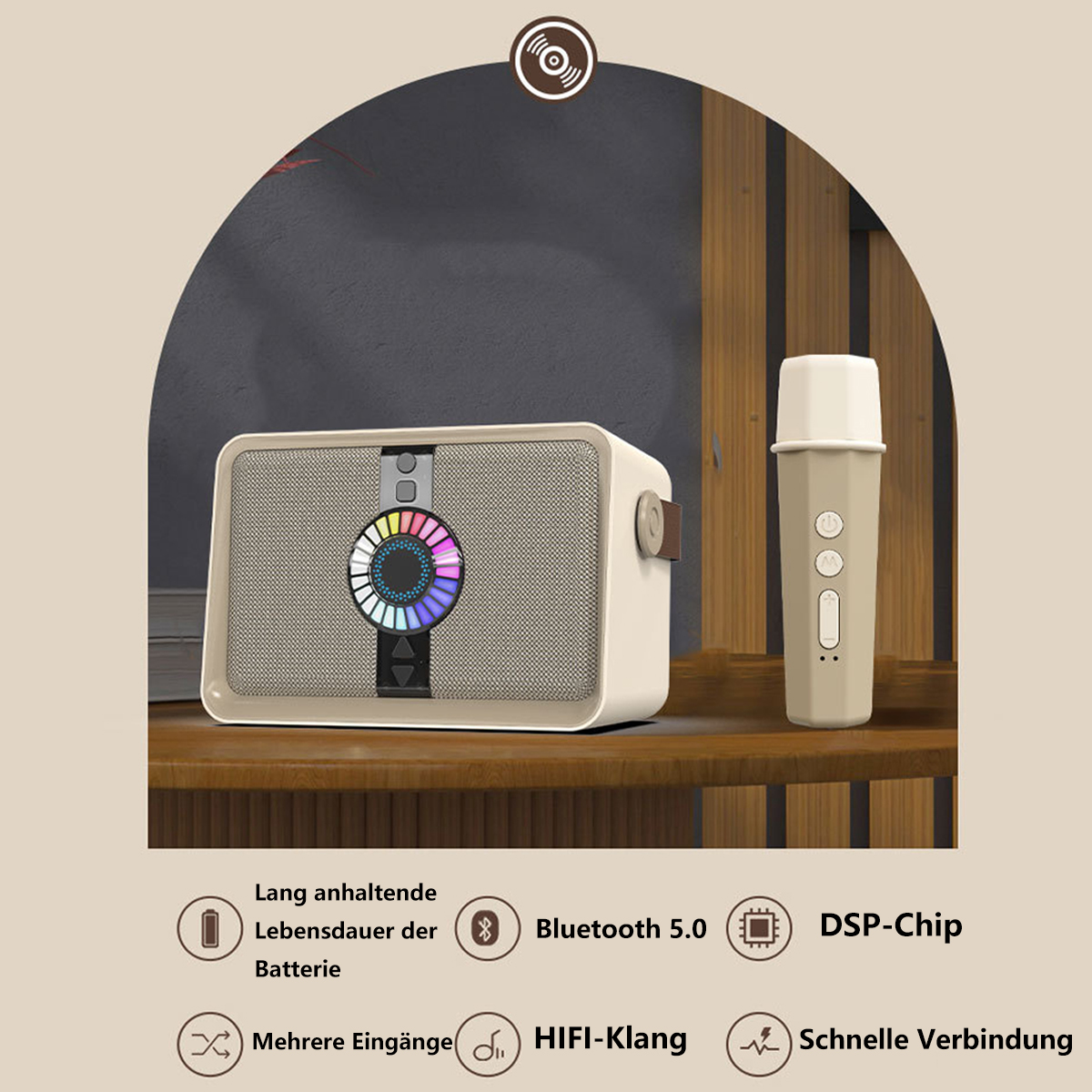 Ein beiger Lautsprecher und ein Mikrofon. Symbole: Akkulaufzeit, Bluetooth, DSP-Chip und andere.