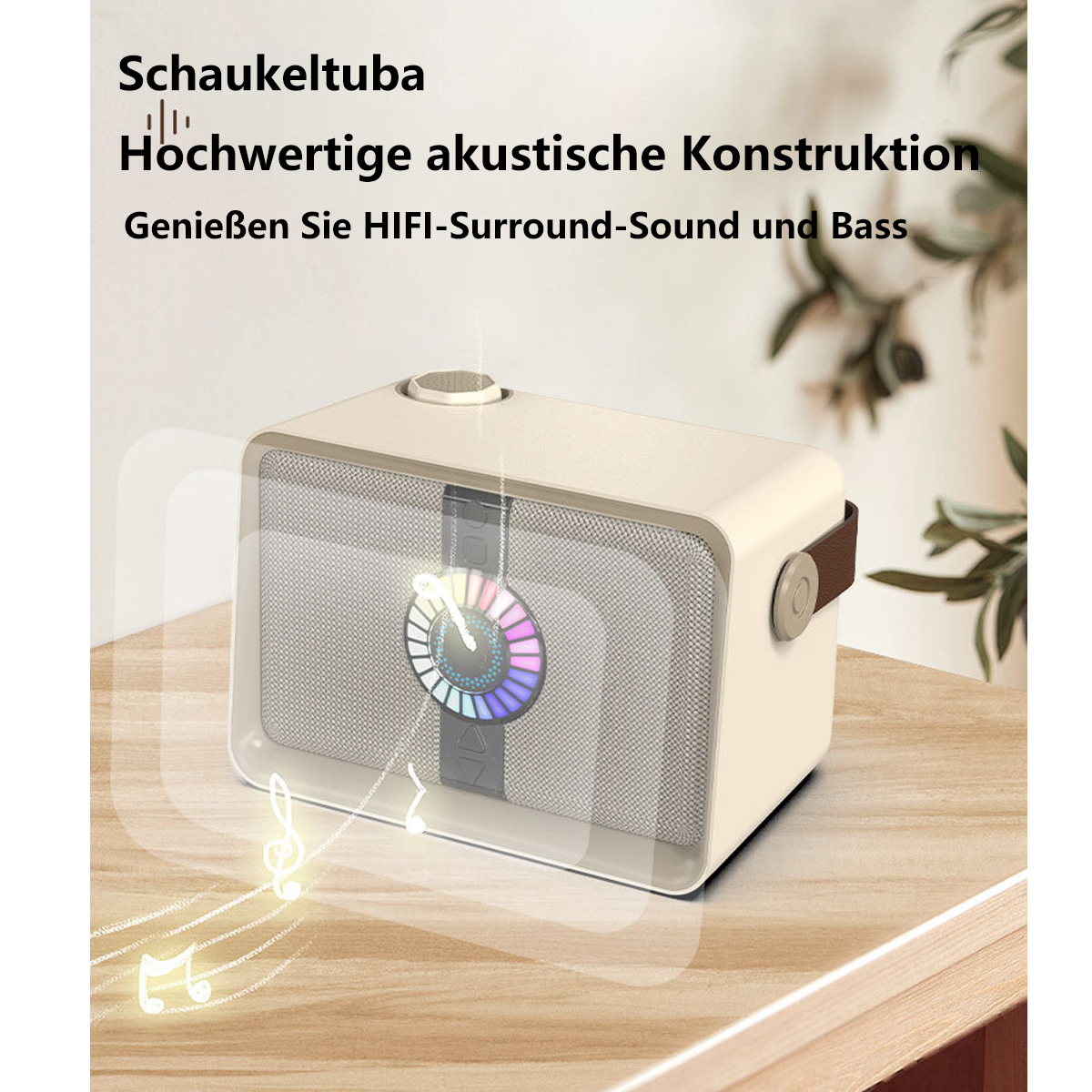 Ein kleiner beiger Lautsprecher mit farbenfroher Lichtanzeige und Noten.