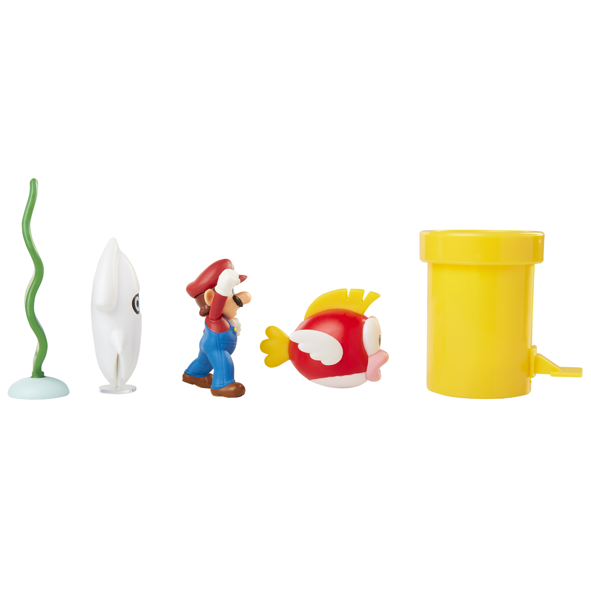 Super Mario Figuren: Mario, ein Fisch, ein Geist, eine Pflanze und eine gelbe Röhre.