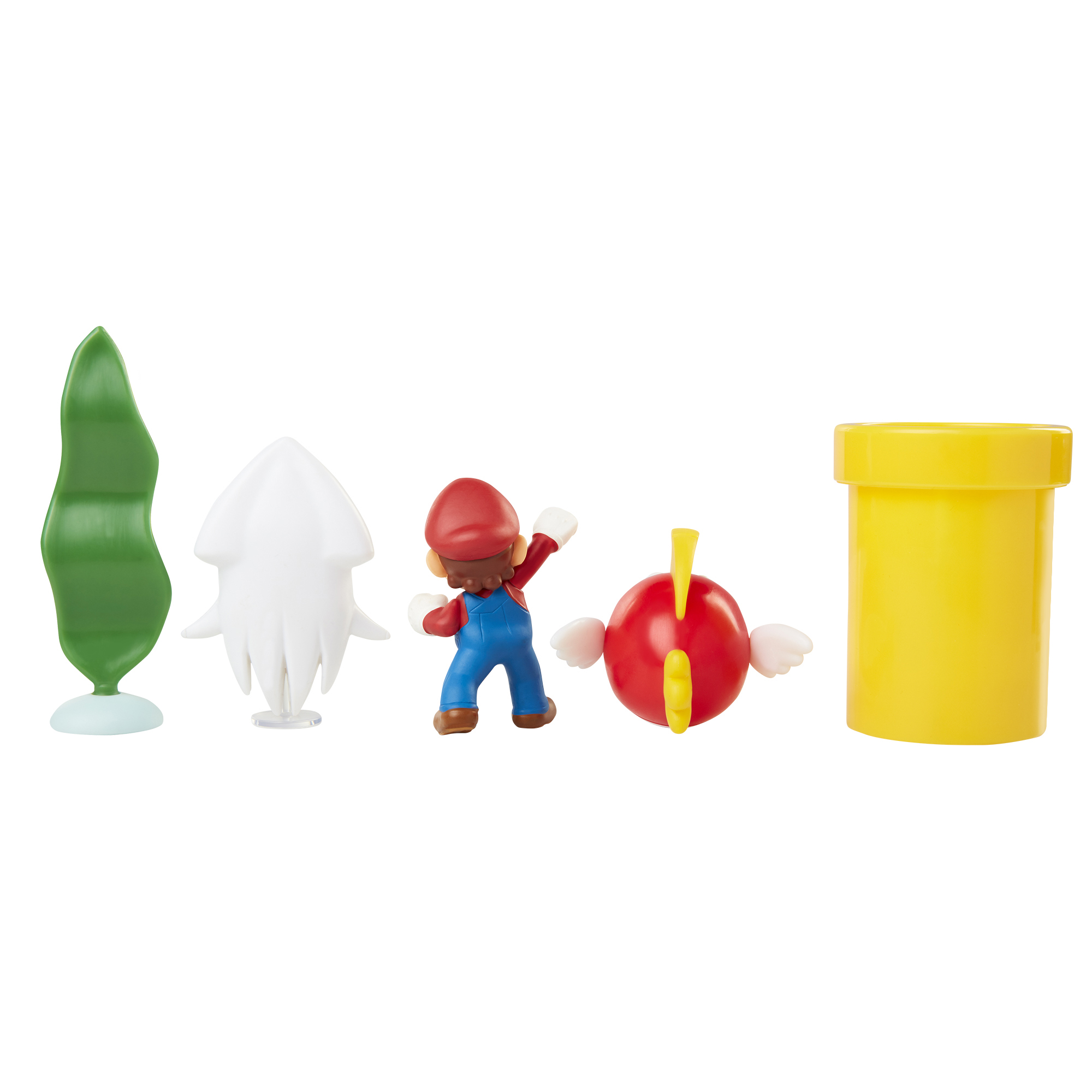Super Mario Actionfiguren. Eine grüne Pflanze, ein Tintenfisch, Mario, ein Fisch und ein gelbes Rohr sind abgebildet.
