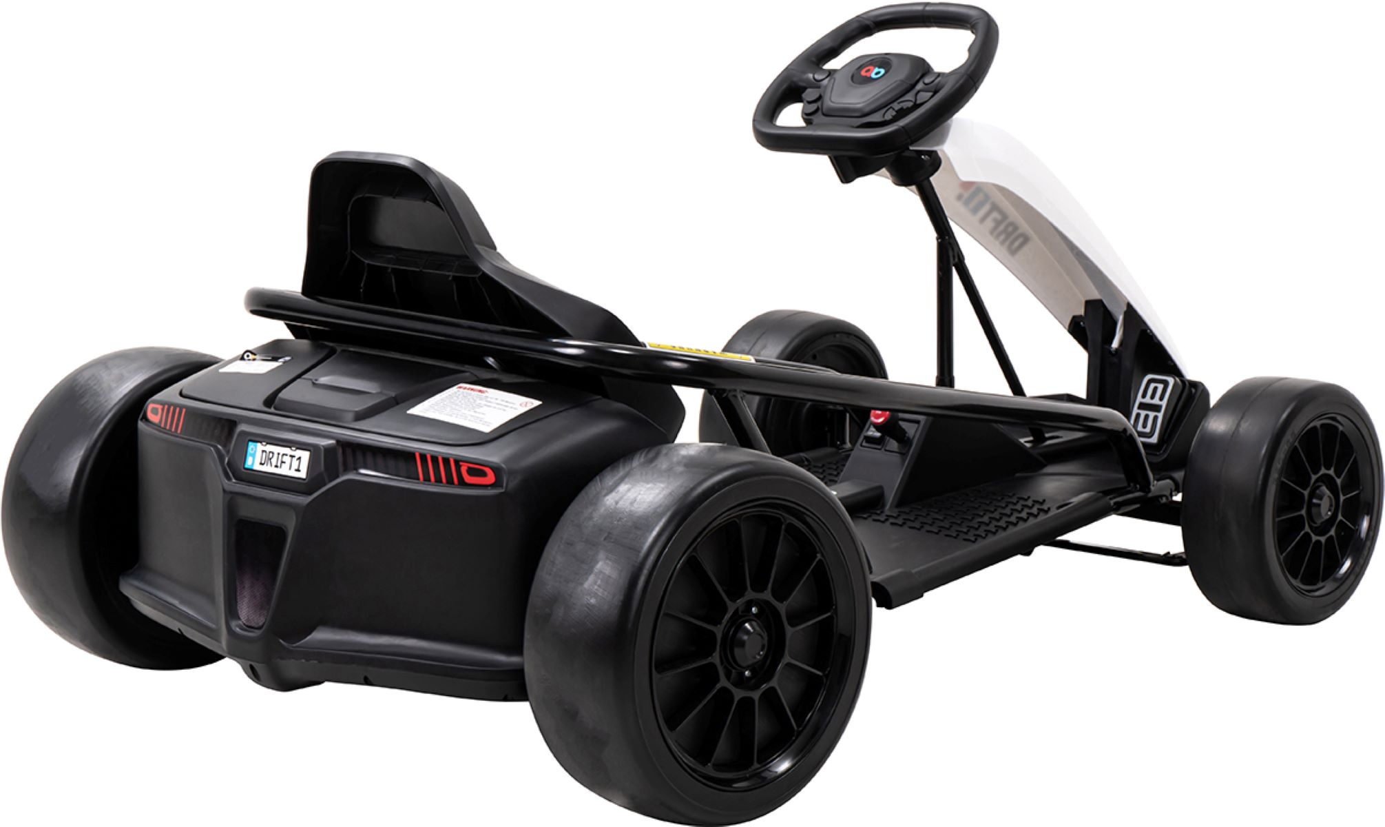 Ein schwarz-weißes Go-Kart, abgewinkelt. Das Go-Kart hat große schwarze Reifen und ein Lenkrad.