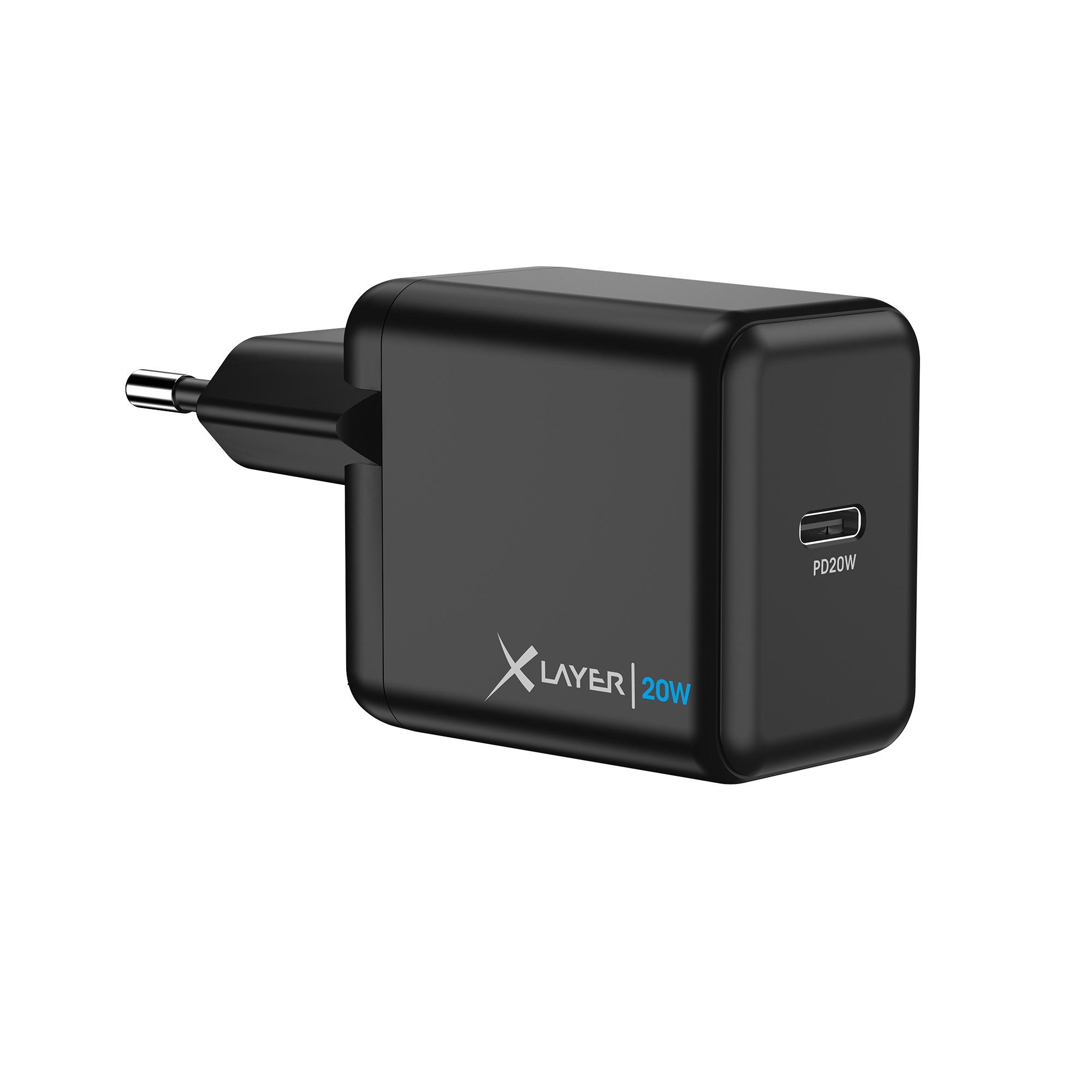Schwarzes 20W Ladegerät mit USB-C-Anschluss. Das Logo befindet sich auf der Vorderseite. Schwarzer Hintergrund.