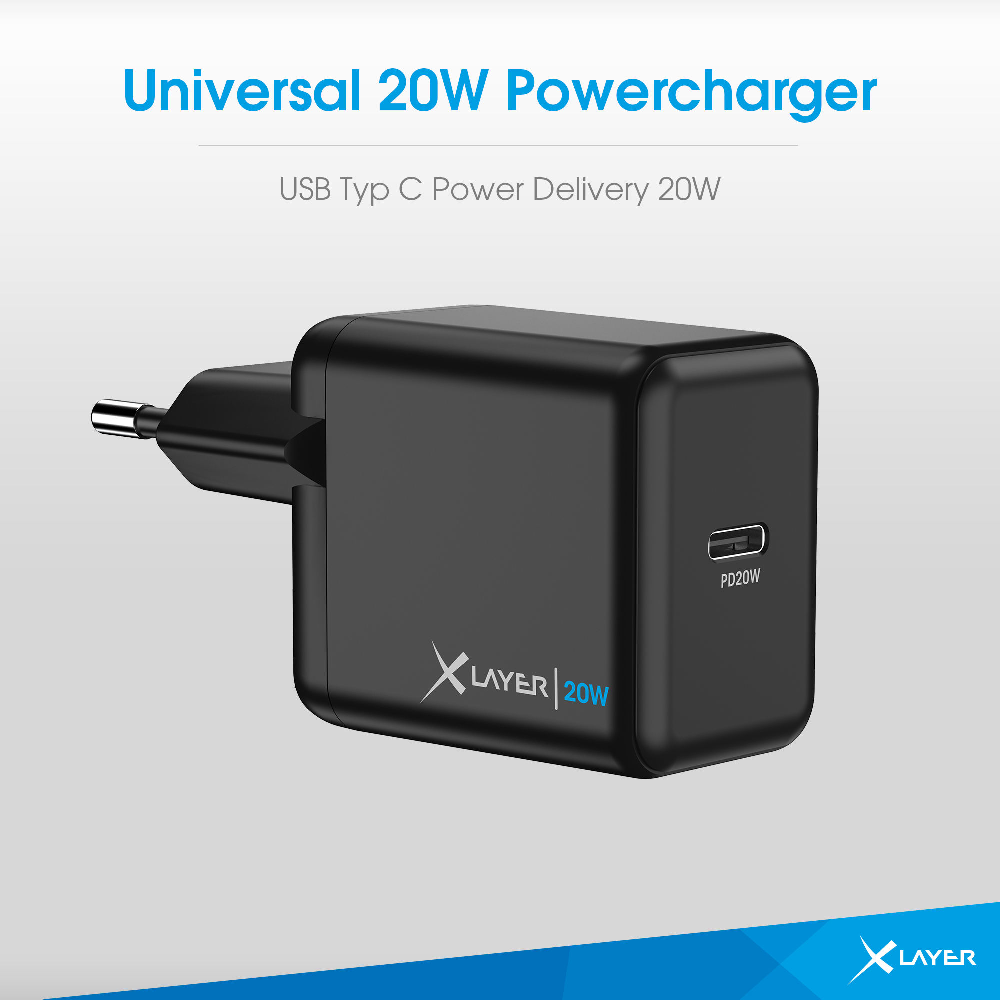 Ein schwarzes Ladegerät mit der Aufschrift 'XLAYER 20W' mit USB-C-Anschluss und Stecker.
