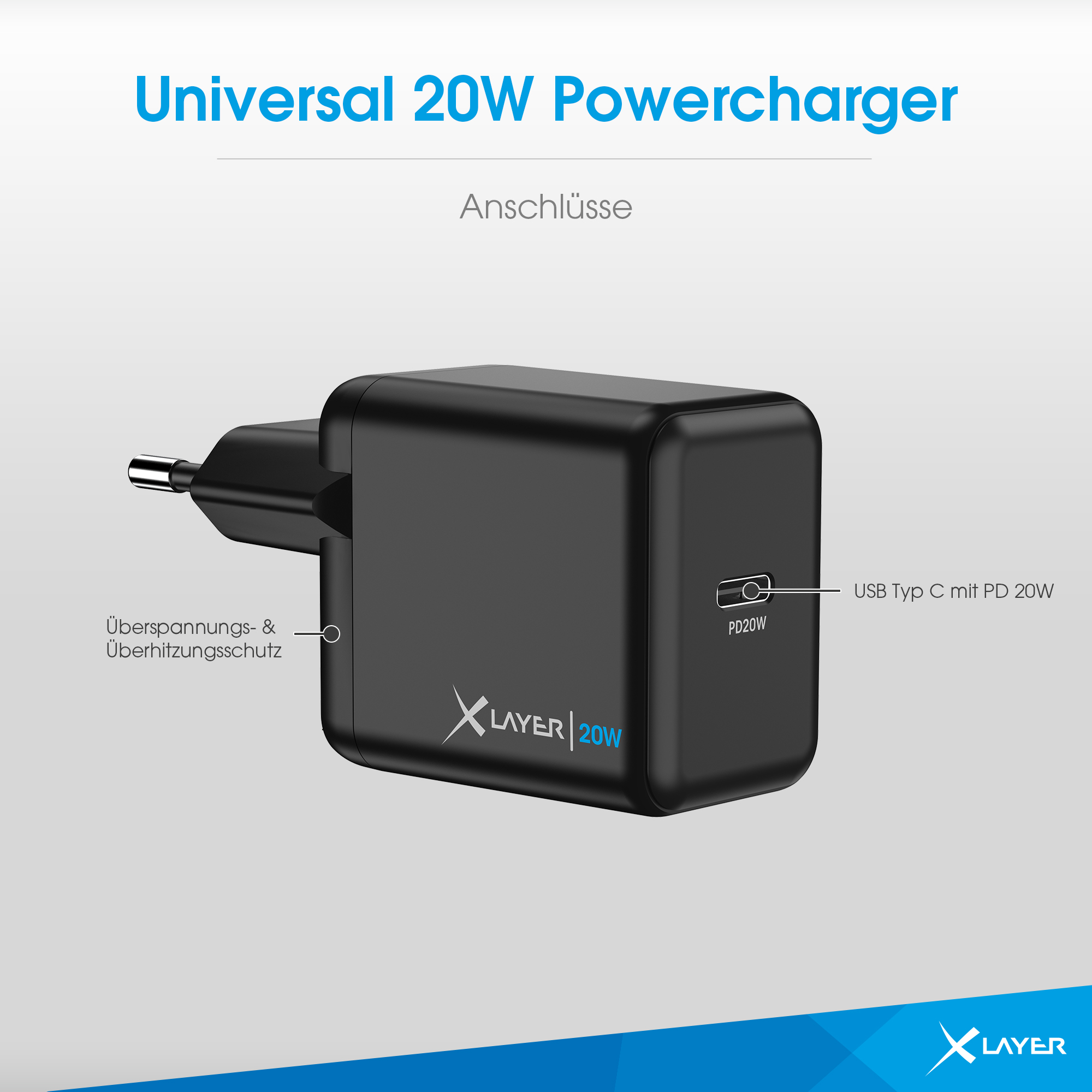 Schwarzes Ladegerät mit USB-Anschluss, Text 'Universal 20W Powercharger' und Markenlogo.