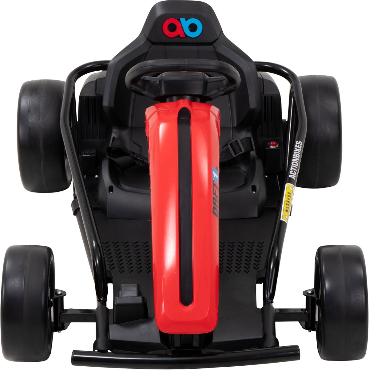 Ein rot-schwarzes Go-Kart mit schwarzem Sitz, Lenkrad und Reifen.