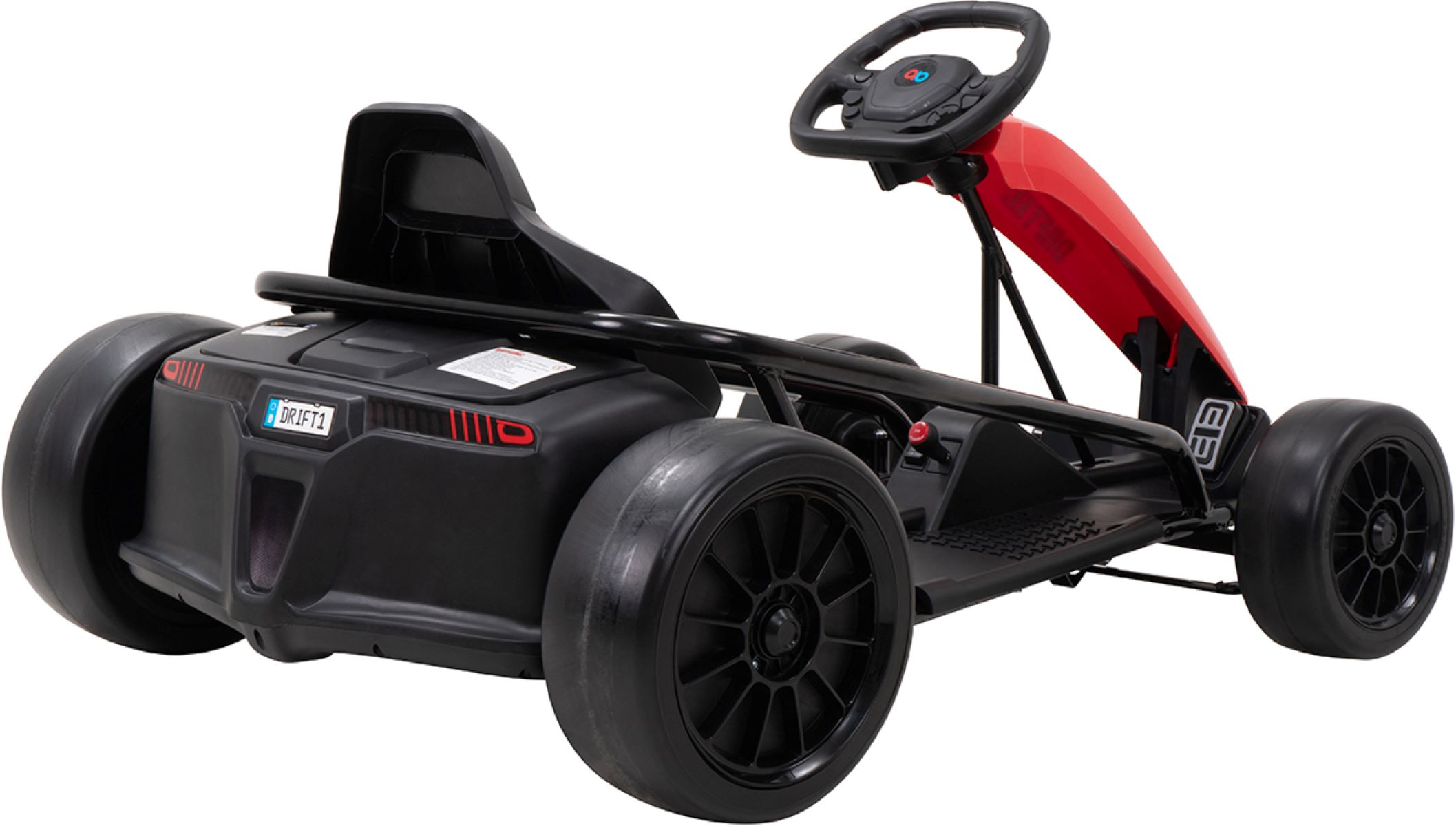 Ein schwarz-rotes Gokart aus der Untersicht. Das Kart hat schwarze Reifen und ein Lenkrad.
