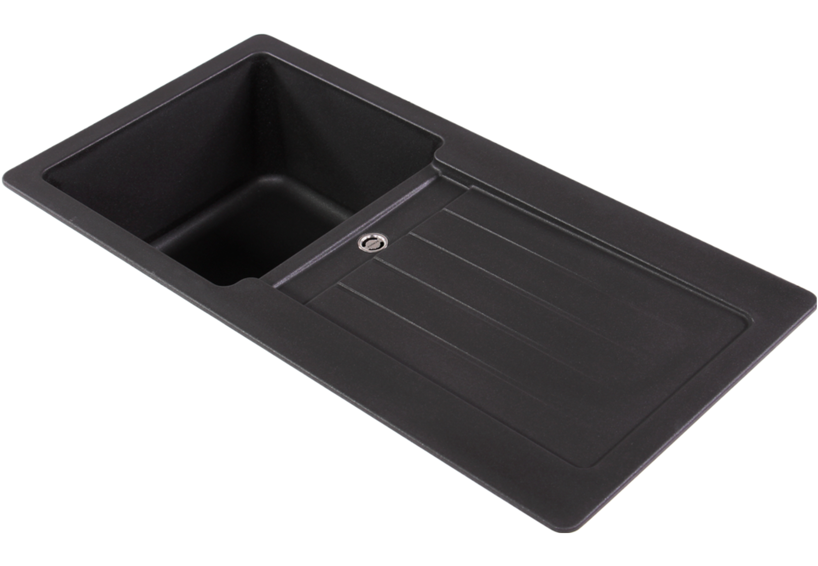 Ein schwarzes rechteckiges Waschbecken mit Abfluss und geriffelter Abtropffläche.