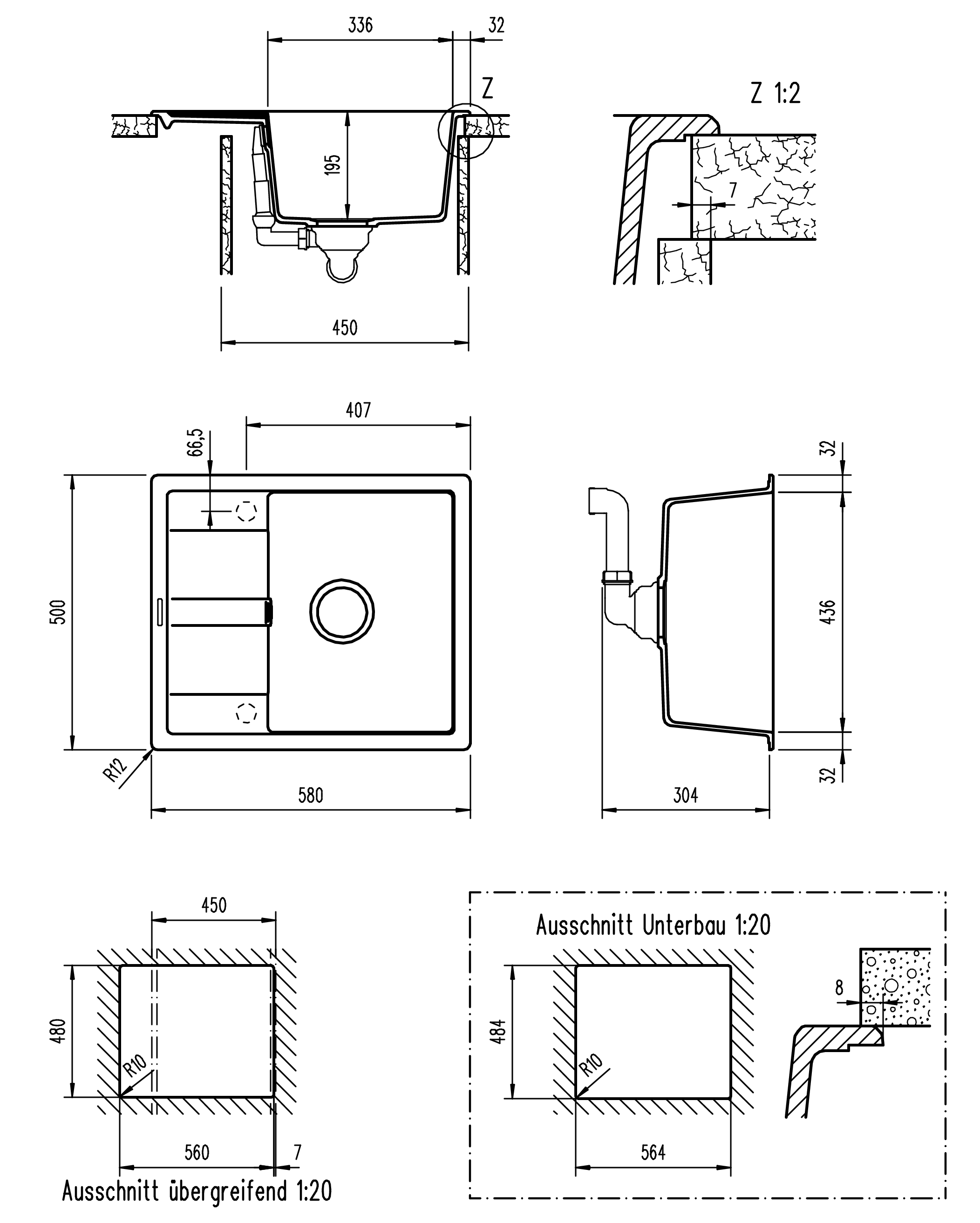 Disegno tecnico di un lavandino, che mostra viste dall'alto, laterali e in sezione con misure ed etichette.