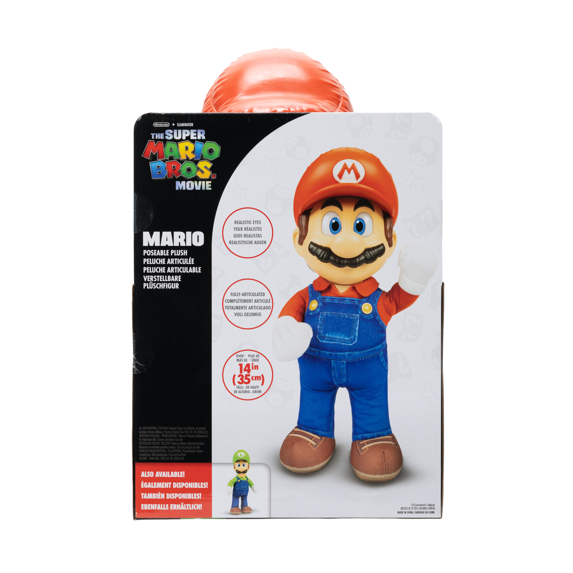 Mario-Spielzeug in einer Box, mit roter Mütze, blauer Latzhose und grüner Figur.