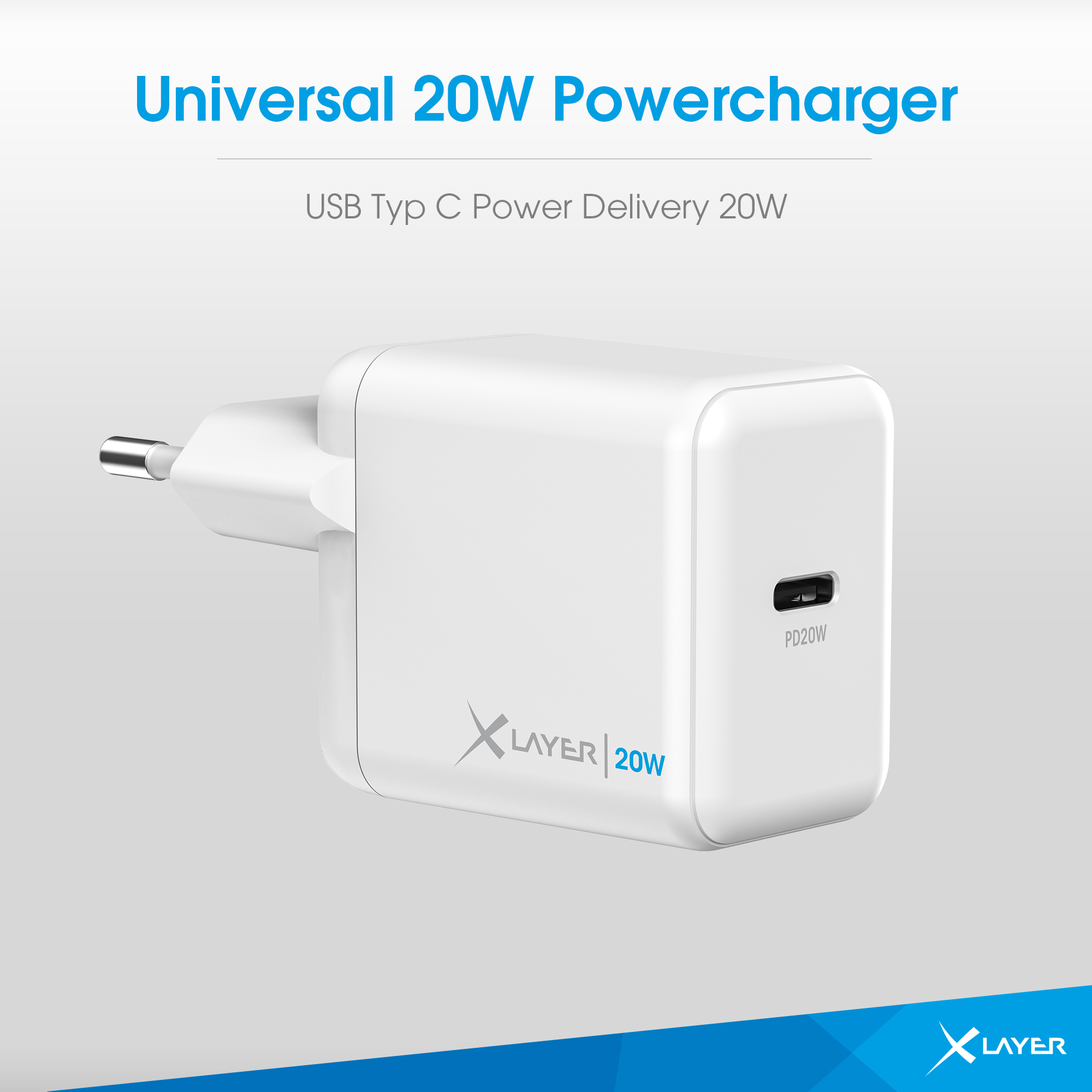 Ein weißes Ladegerät mit USB-C-Anschluss und dem Text "Universal 20W Powercharger".