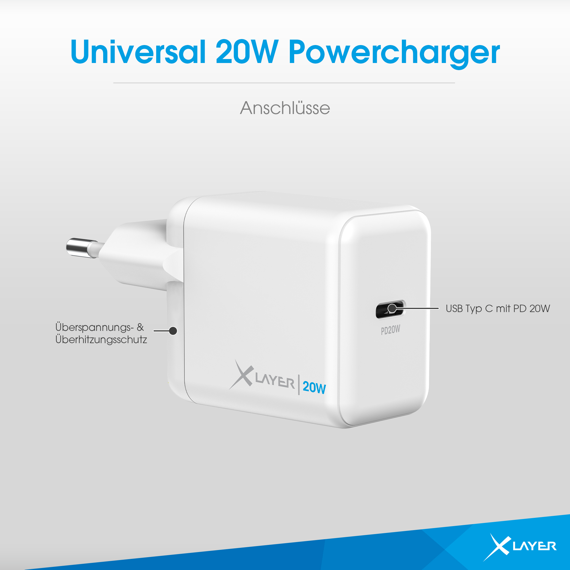 Weißes 20-W-Netzladegerät mit USB-C-Anschluss, mit einem Etikett mit dem Logo 'XLAYER'.