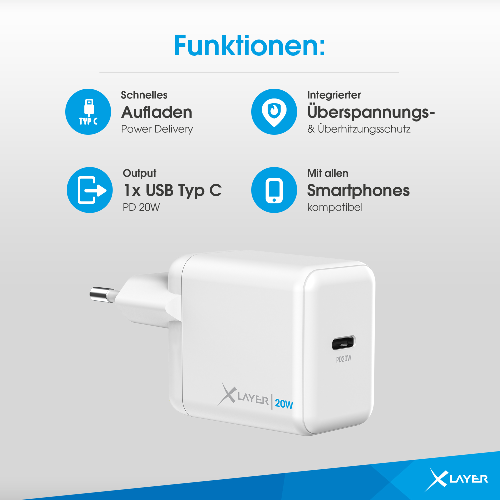 Weißes Ladegerät mit USB-C-Anschluss und Text, der die Stromversorgung anzeigt.