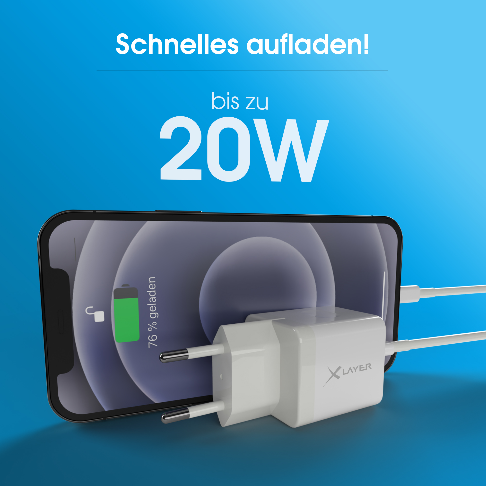 Telefon, das mit einem Wandadapter geladen wird, zeigt 76 % Ladung auf blauem Hintergrund.