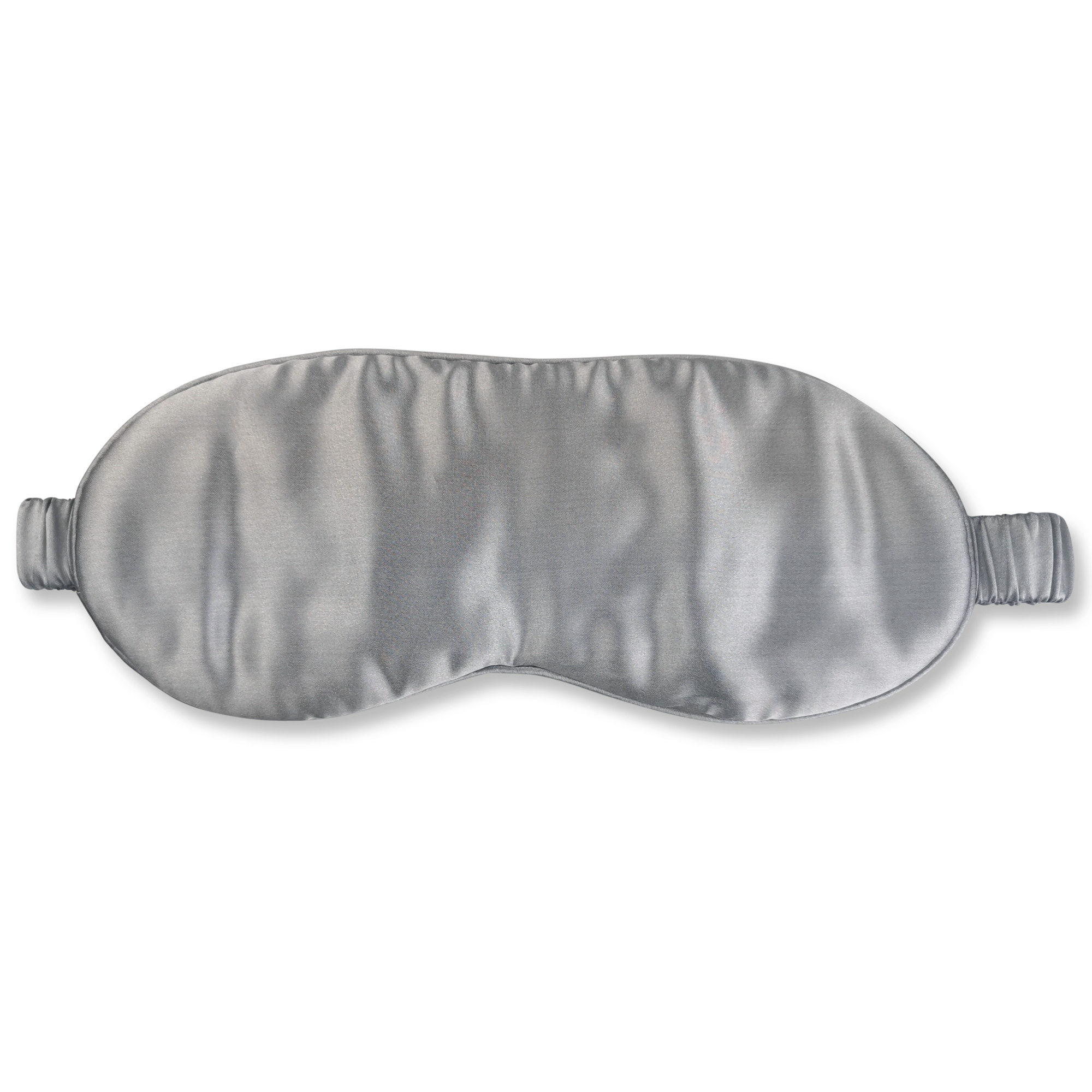 Eine graue Satin-Schlafmaske auf weißem Hintergrund.
