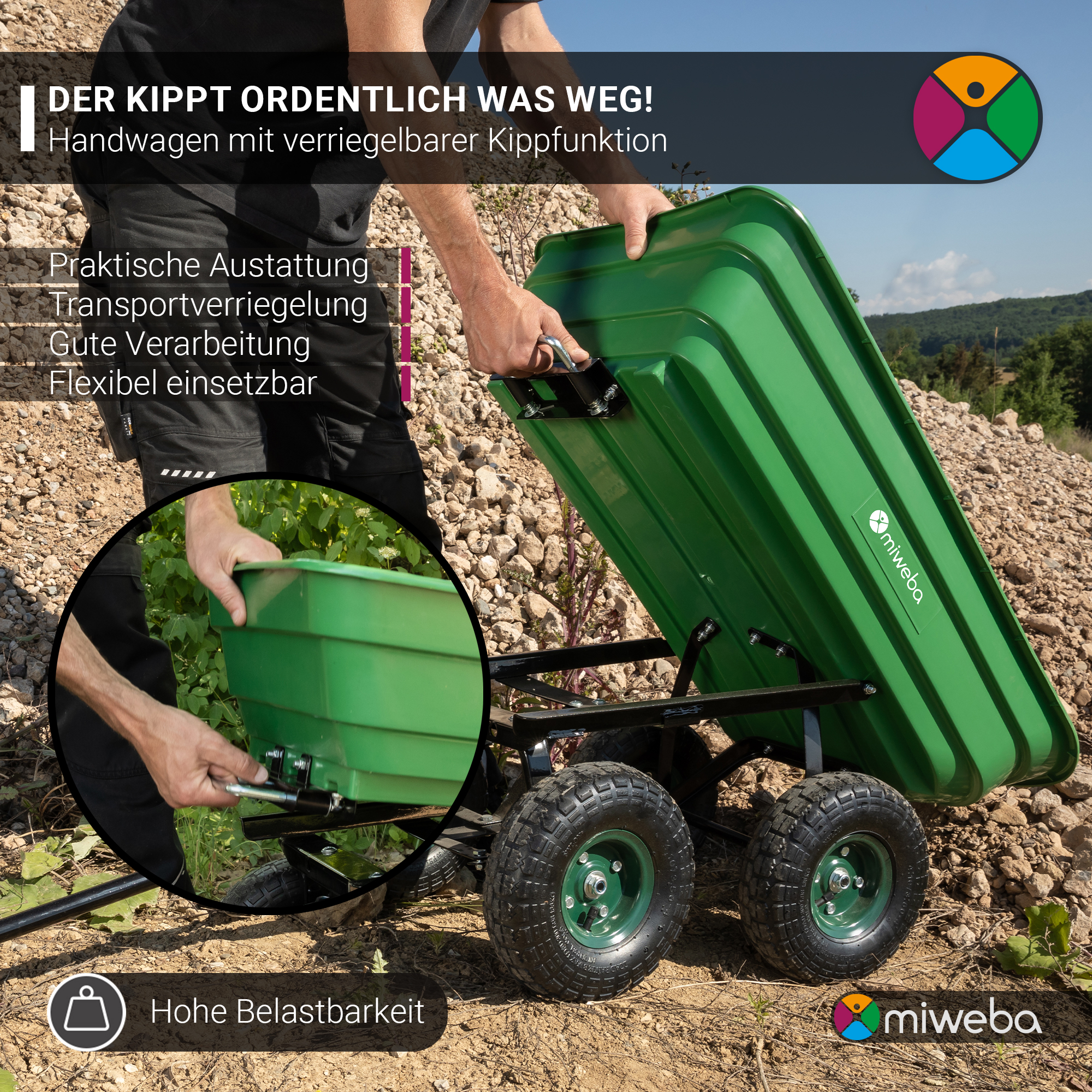 Grüner Schubkarren mit Person am Griff auf felsigem Gelände.