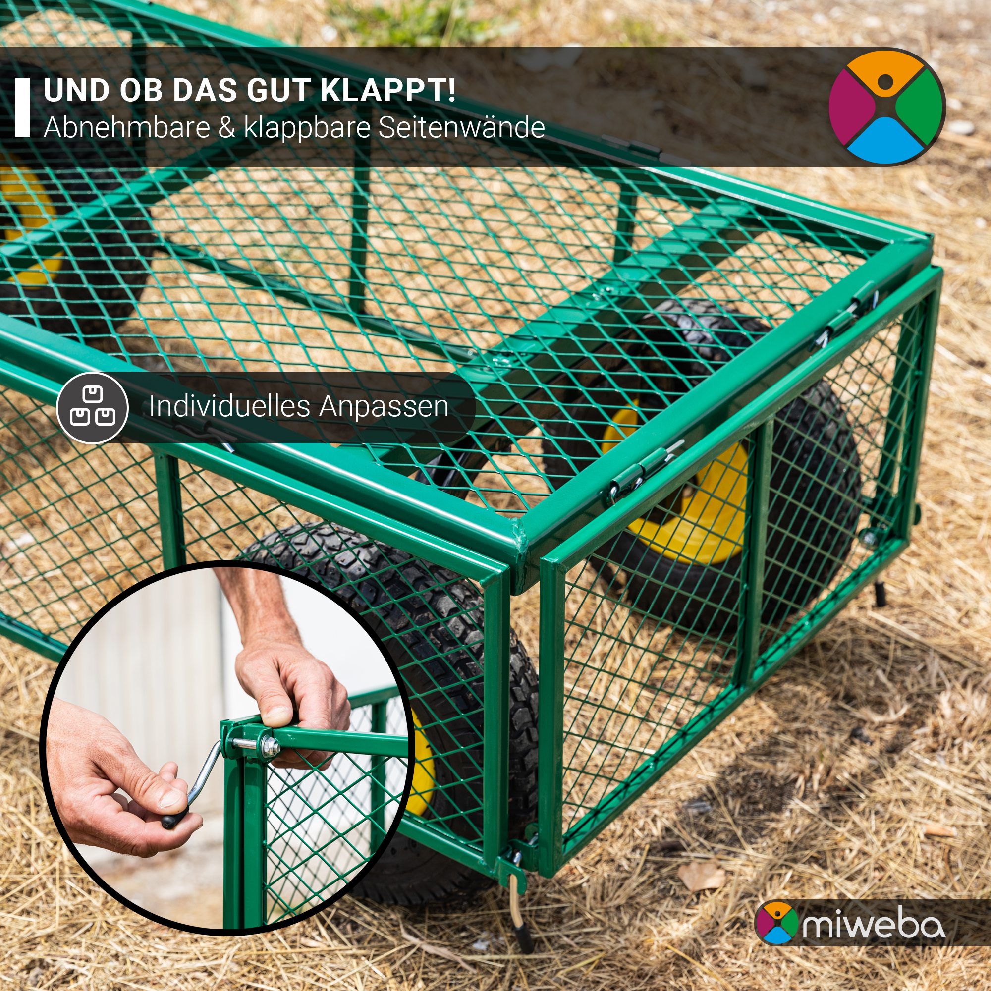 Ein grüner Metallwagen, Nahaufnahme einer Hand, die eine Seitenwand sichert. Der Wagen steht auf Gras.