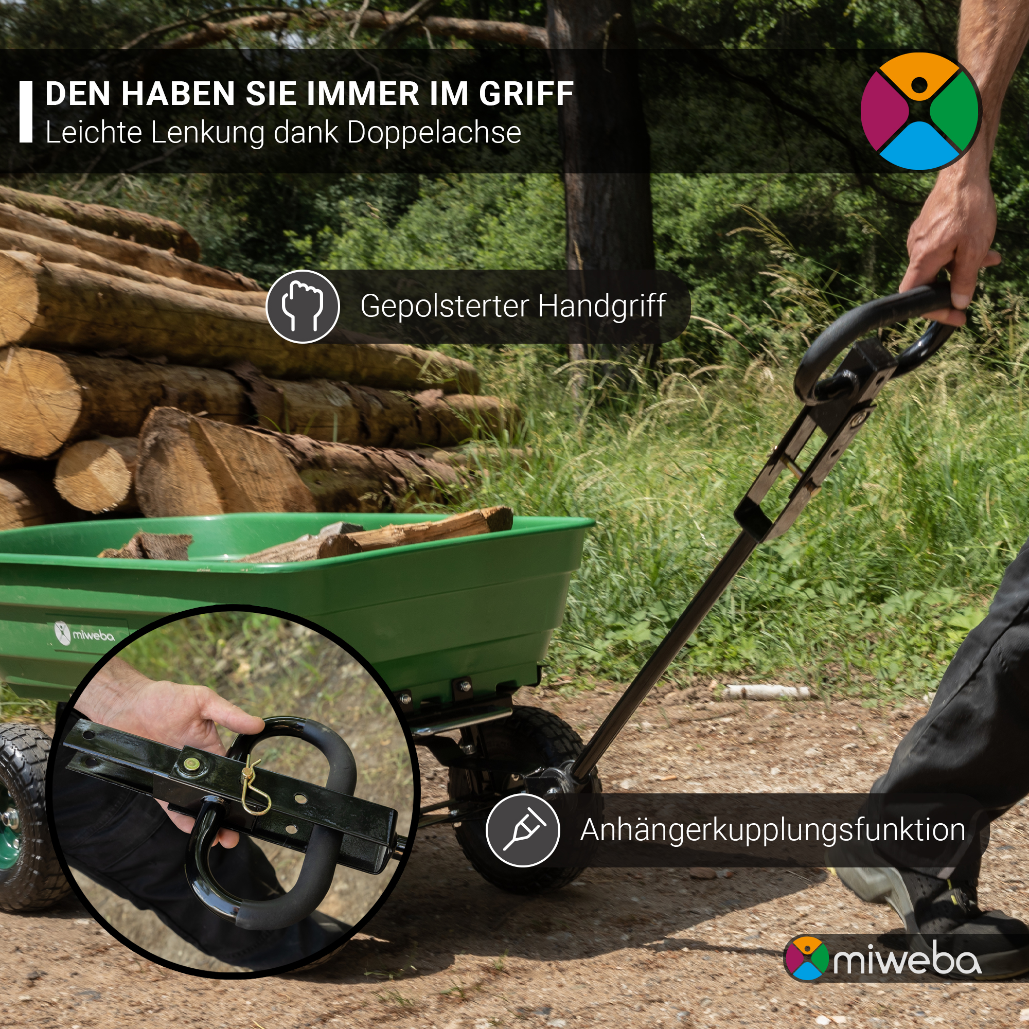 Eine Person zieht einen grünen Wagen mit Griff, und der Text lautet 'leichtes Lenken dank Doppelachse'.