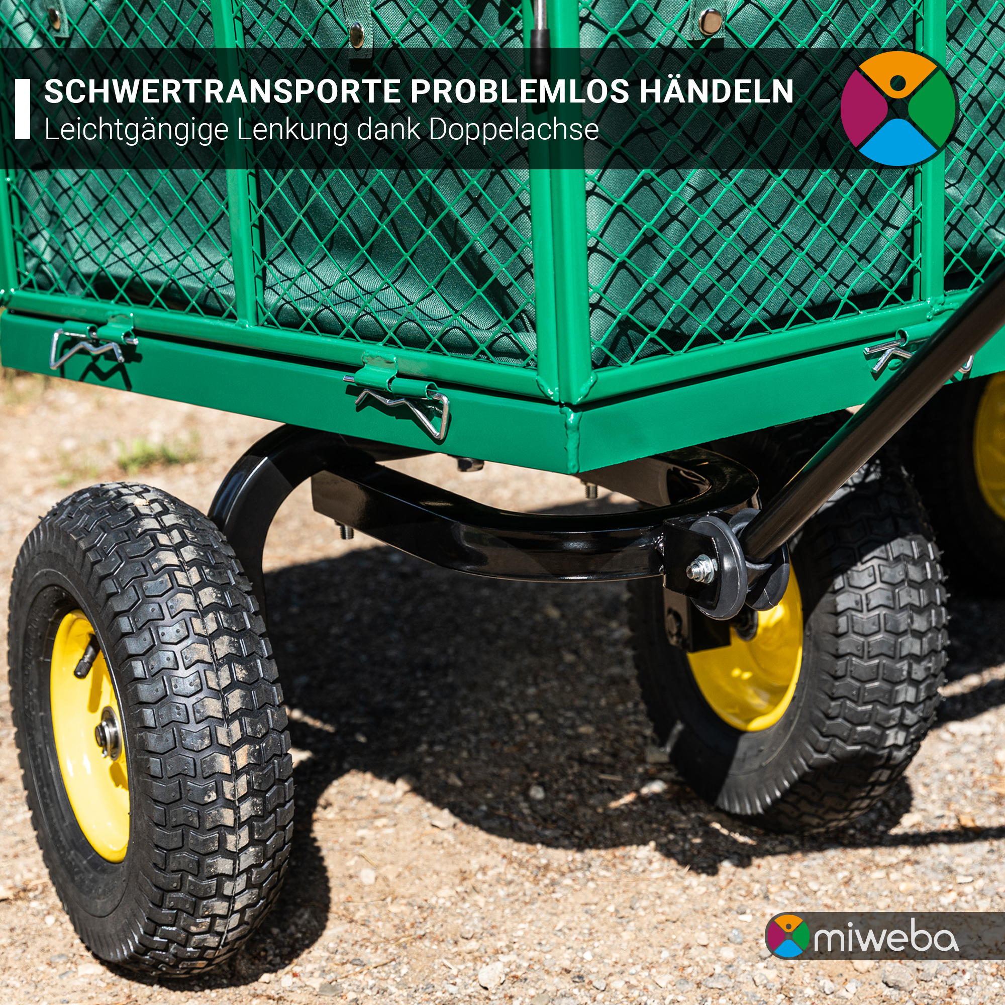 Grüner und schwarzer Wagen. Text: 'Schwerlasttransporte problemlos handhaben'. Gelbe Räder.