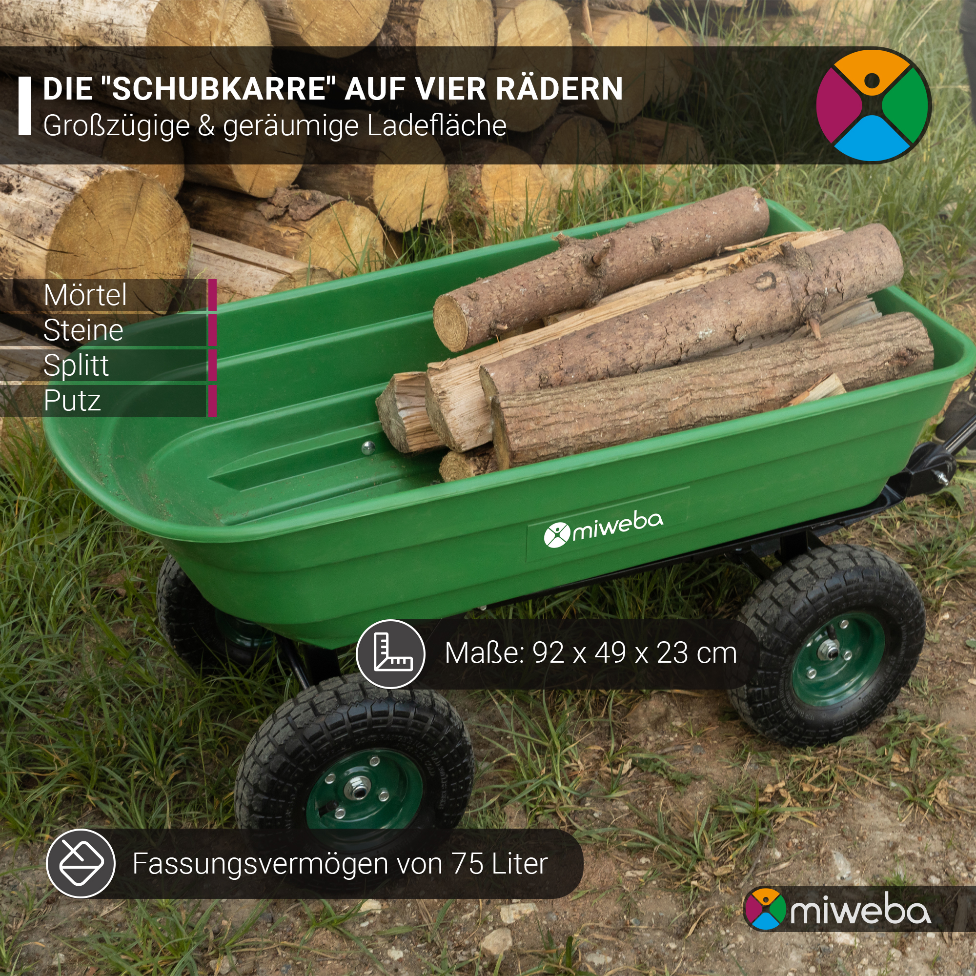 Eine grüne Schubkarre mit Holzstämmen darin, auf Gras, mit Text und Maßen.