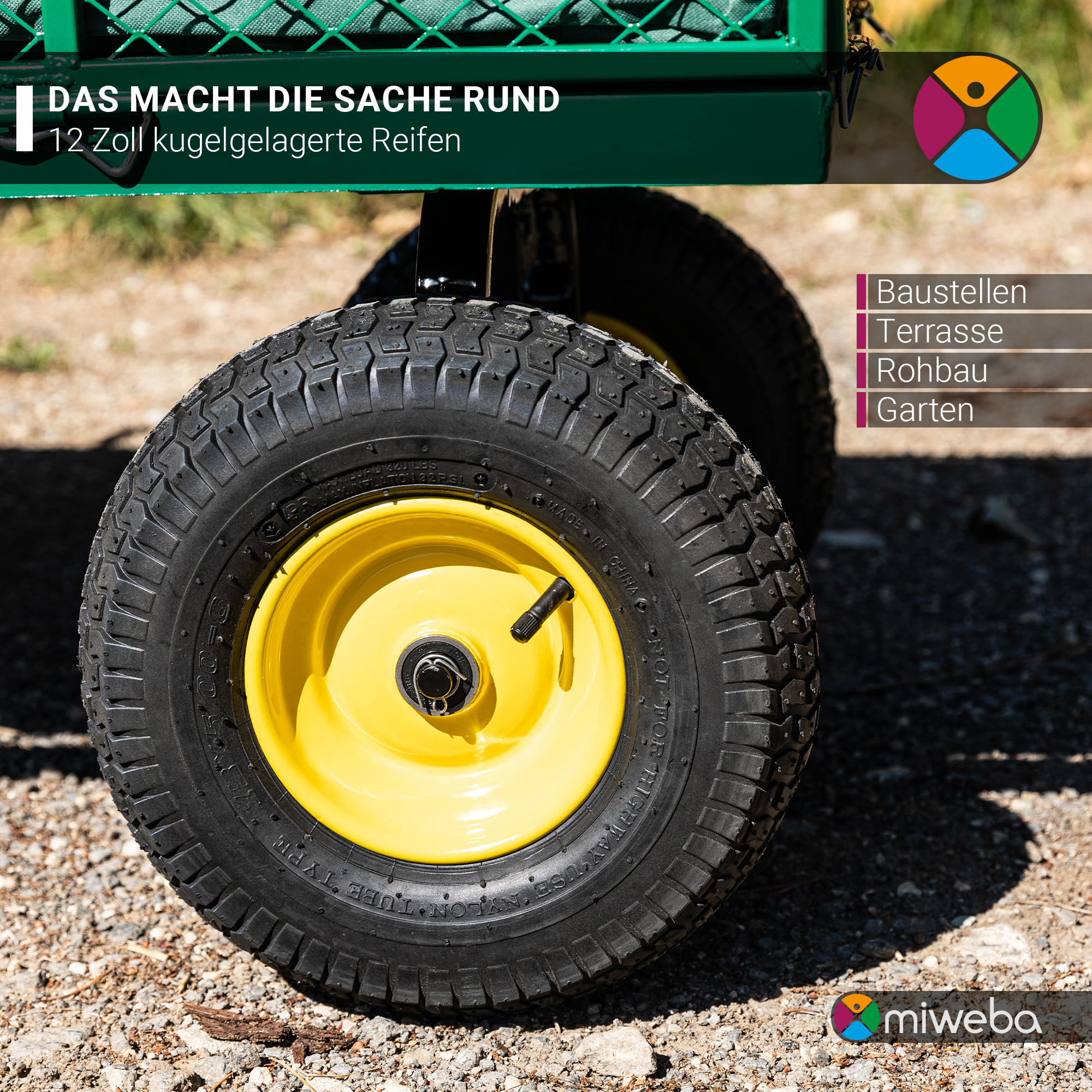 Gartenwagenrad mit schwarzem Reifen und gelber Felge. Text und bunte Symbole rechts.