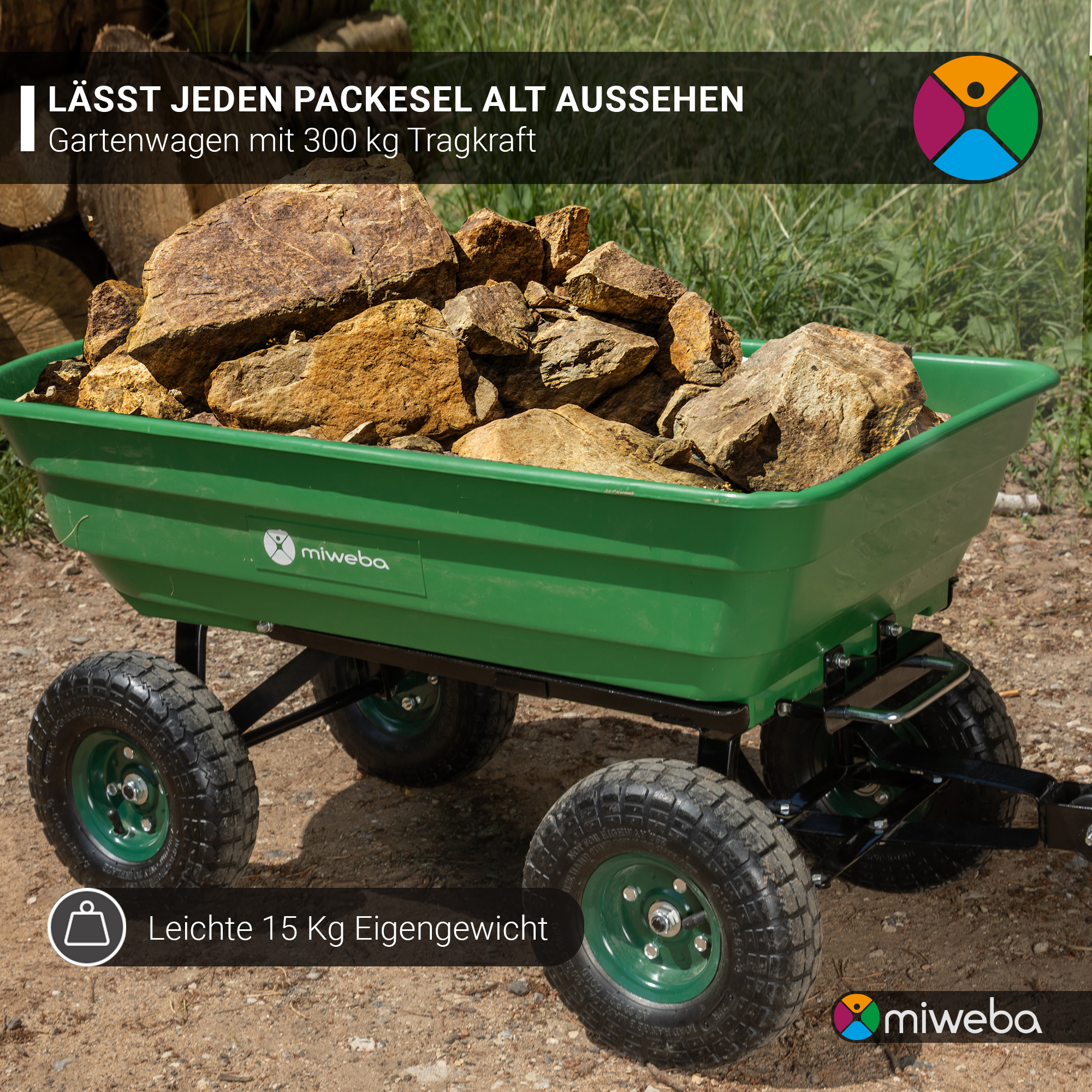 Ein grüner Wagen ist mit Steinen gefüllt, auf Schmutz. Text auf Deutsch oben und Logo unten.
