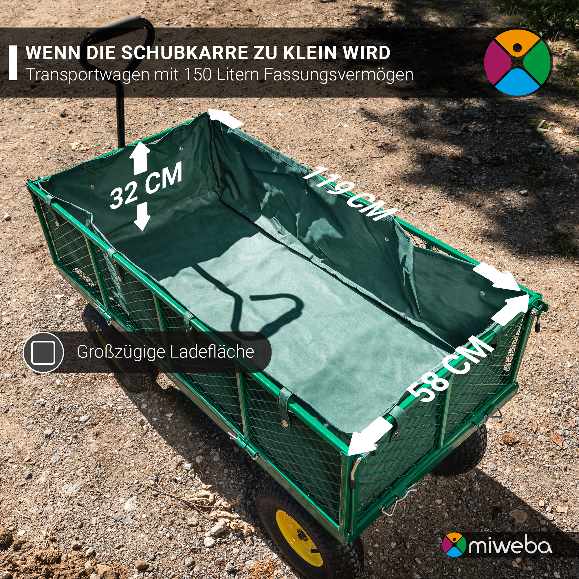 Grüner Gartenwagen mit den Maßen: 119cm x 58cm x 32cm. Text lautet 'Transportwagen'.