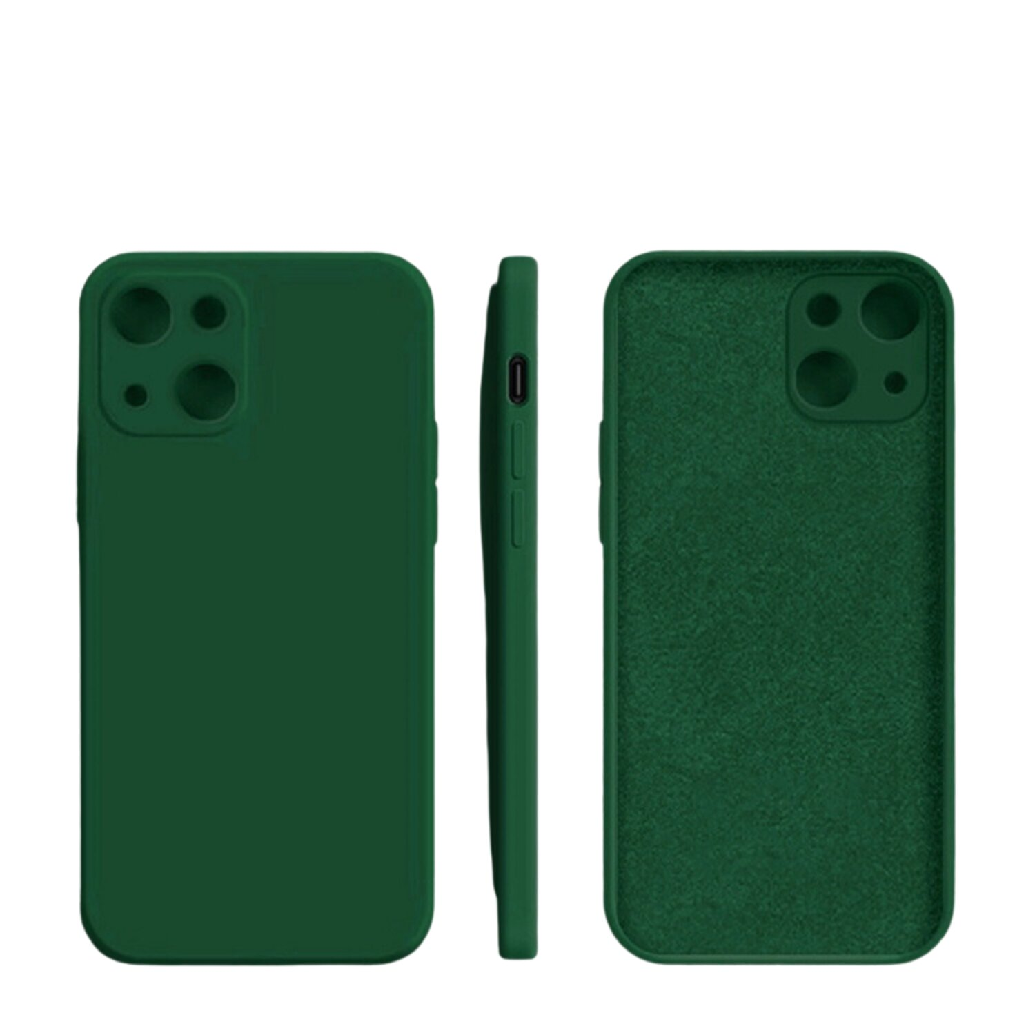 Tre viste di una custodia verde per telefono. La custodia copre il telefono e presenta ritagli per la fotocamera.