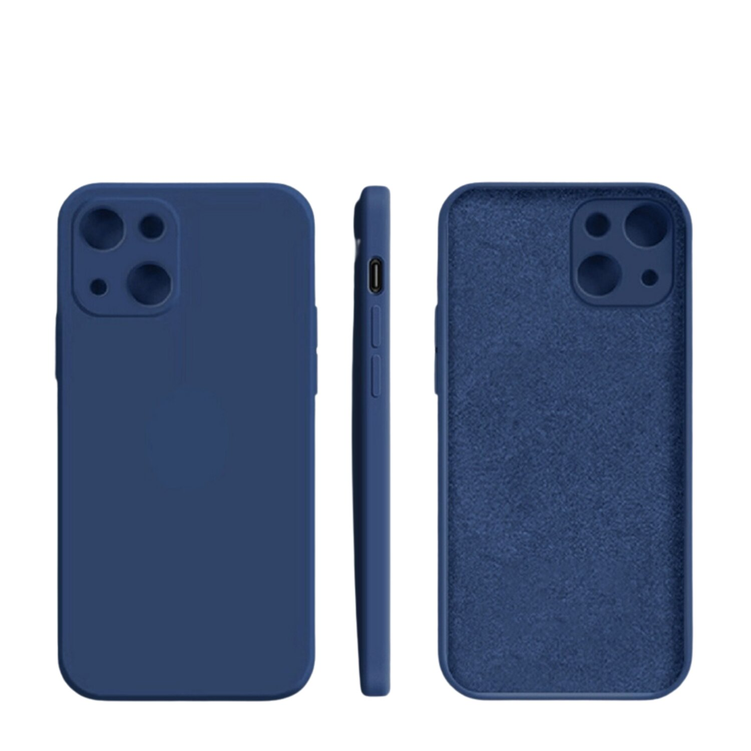 Custodia blu per telefono, vista frontale, laterale e posteriore. La custodia ha aperture per fotocamera e pulsanti.