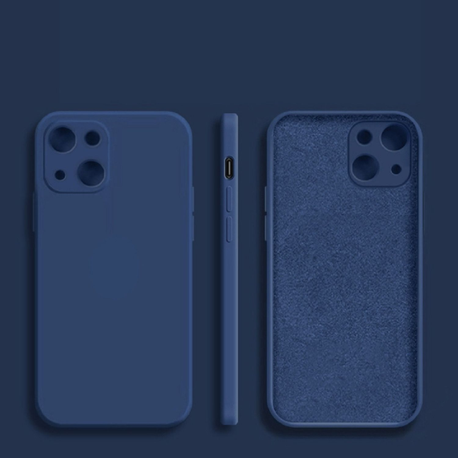 Set di custodie blu per telefono, tre viste, su sfondo blu.