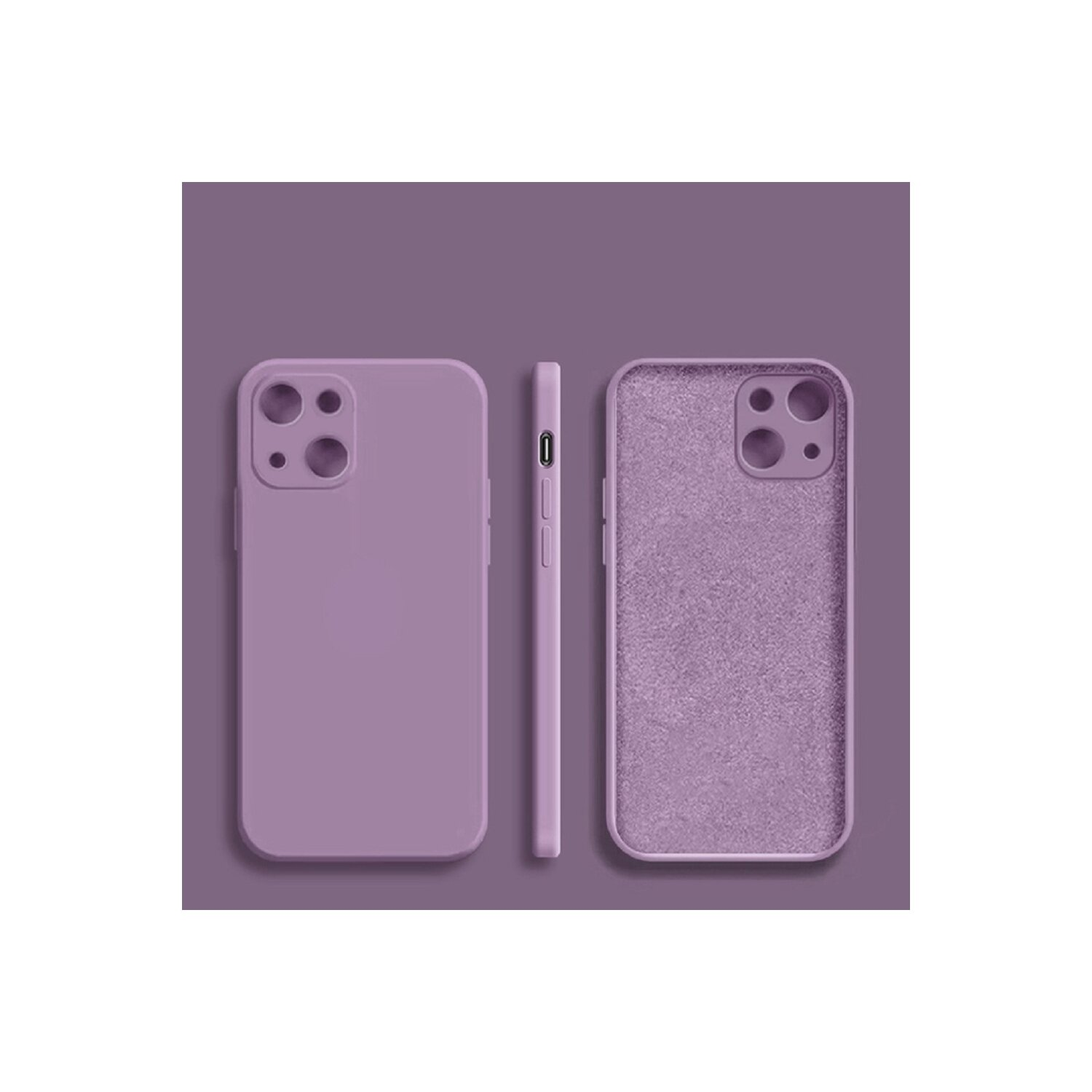 Tre custodie per telefono color lavanda. Una è una vista laterale, una è una vista frontale e una è l'interno.