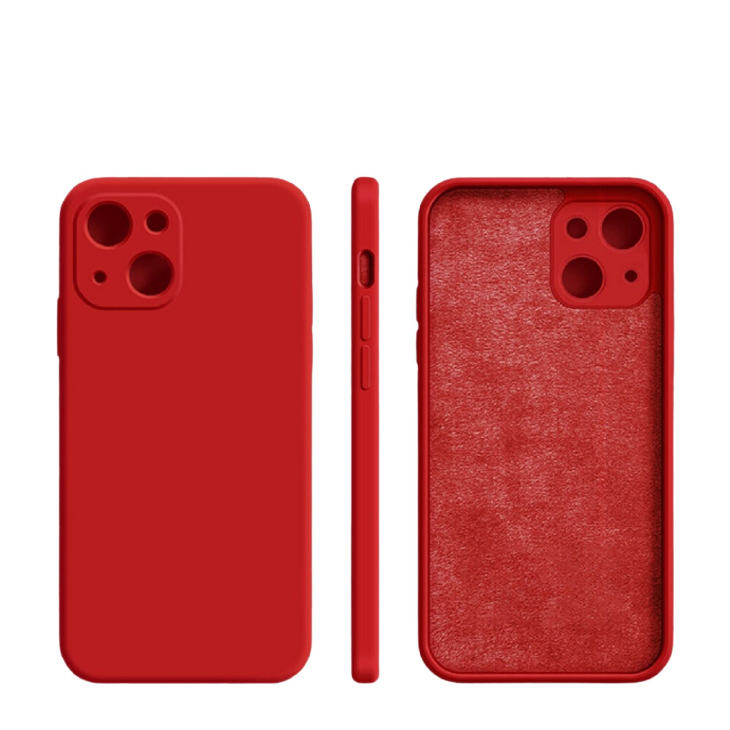 Custodia rossa per telefono, tre viste: anteriore, laterale e posteriore. Ha ritagli per fotocamera e pulsanti.