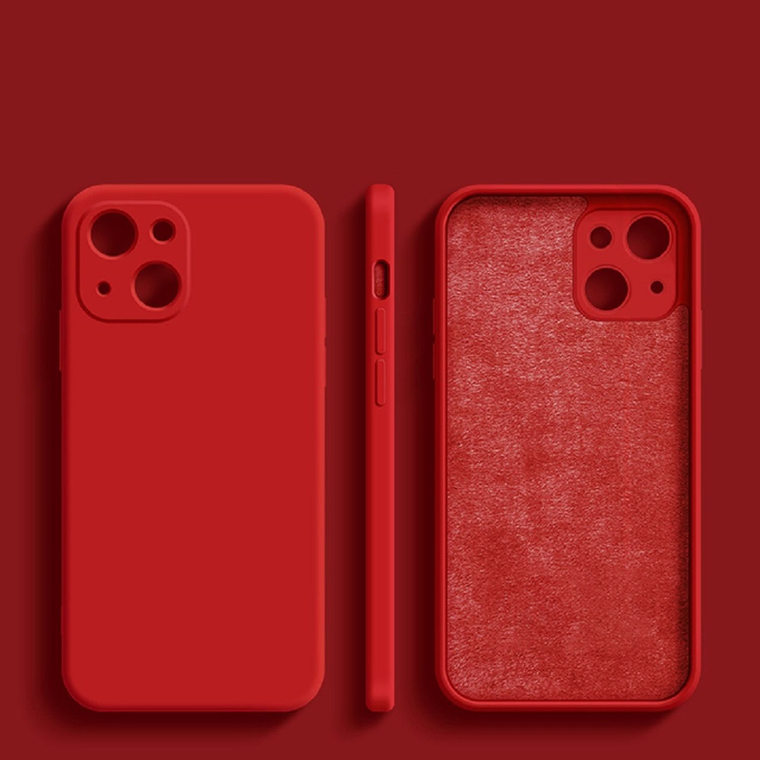 Tre custodie rosse per telefono, che mostrano viste frontali, laterali e posteriori. Sfondo rosso.