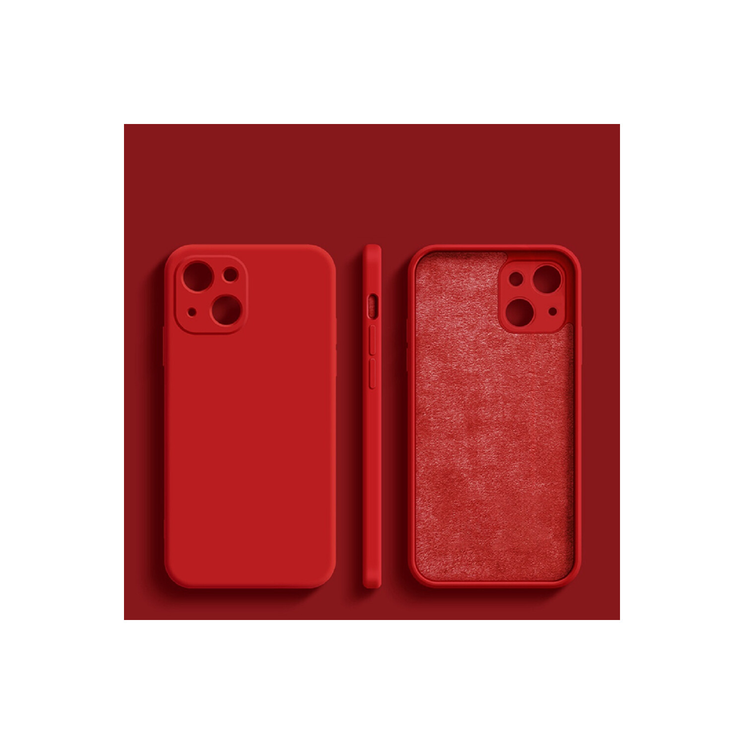 Tre custodie rosse per telefono. Sono mostrate una vista frontale, laterale e posteriore. Sfondo rosso.