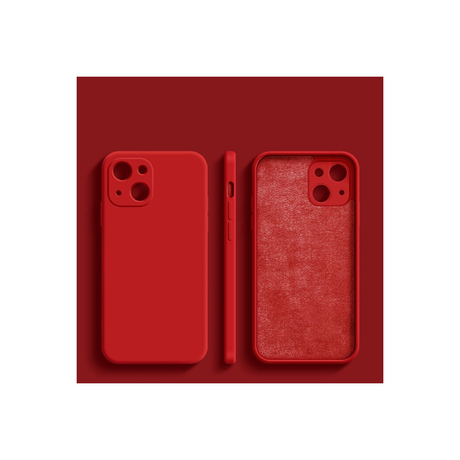 Tre custodie rosse per telefono: vista frontale, laterale e interna, tutte su sfondo rosso.