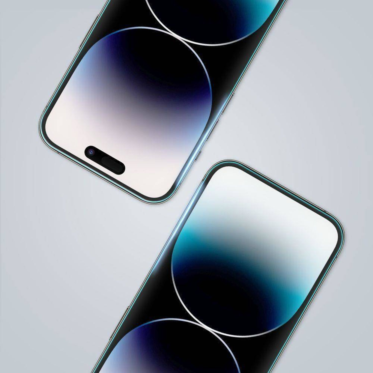 Zwei Smartphones mit gebogenen Bildschirmen, in einer Nahaufnahme, auf hellem, grauem Hintergrund.
