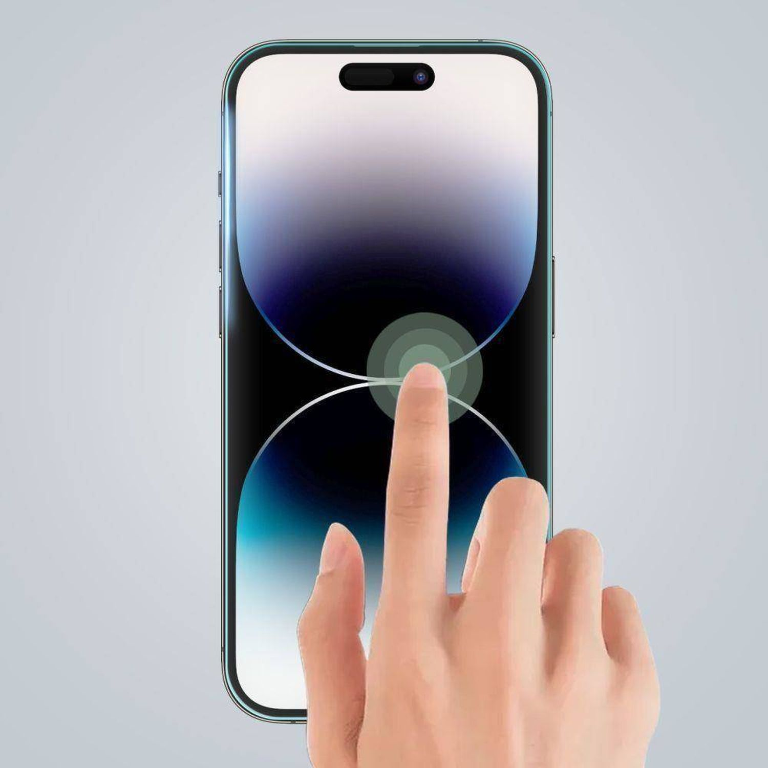 Eine Hand berührt den Bildschirm eines Smartphones. Der Bildschirm zeigt eine blau-weiße Grafik.