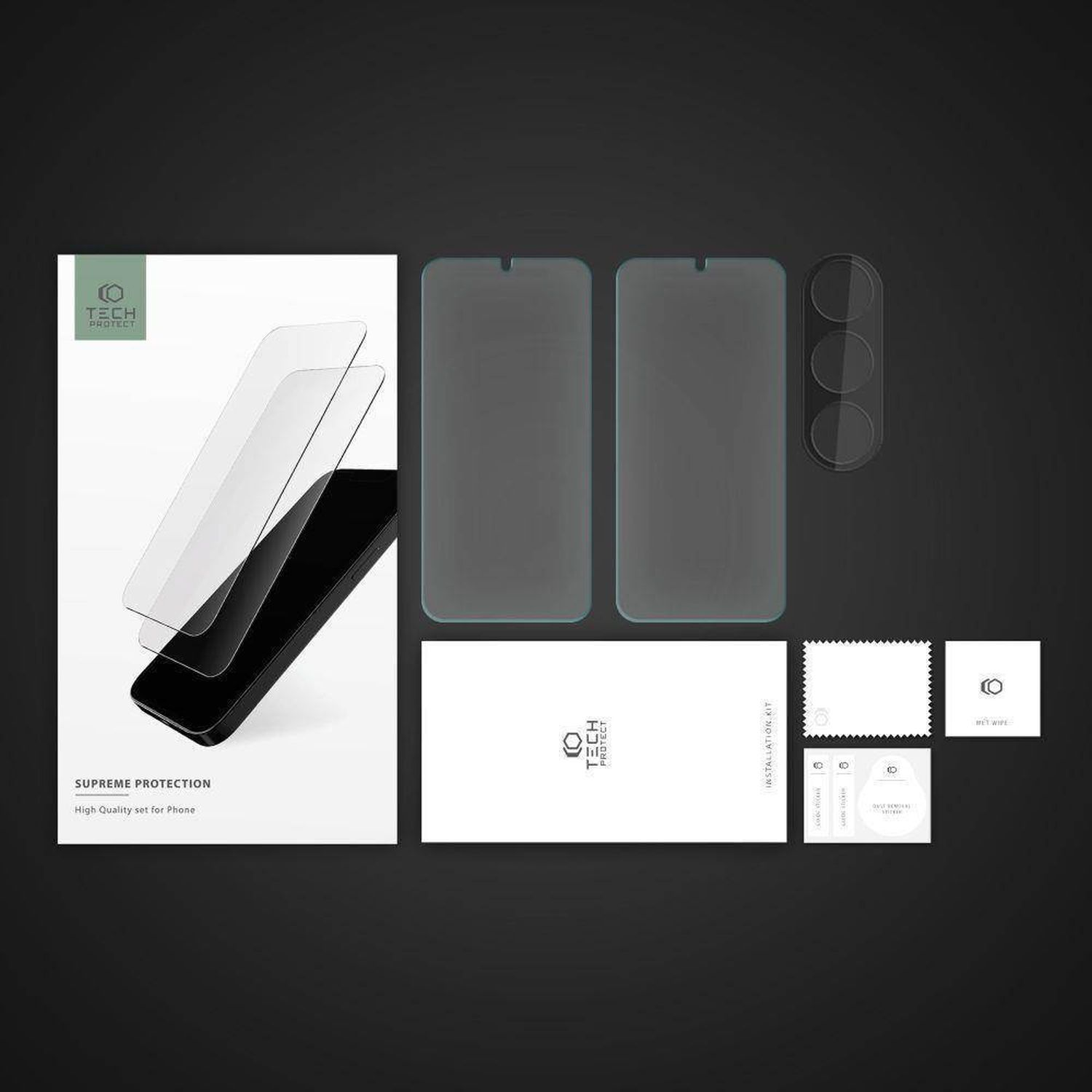 Ein Displayschutz-Set mit Box, Displayschutzfolien und Reinigungszubehör.