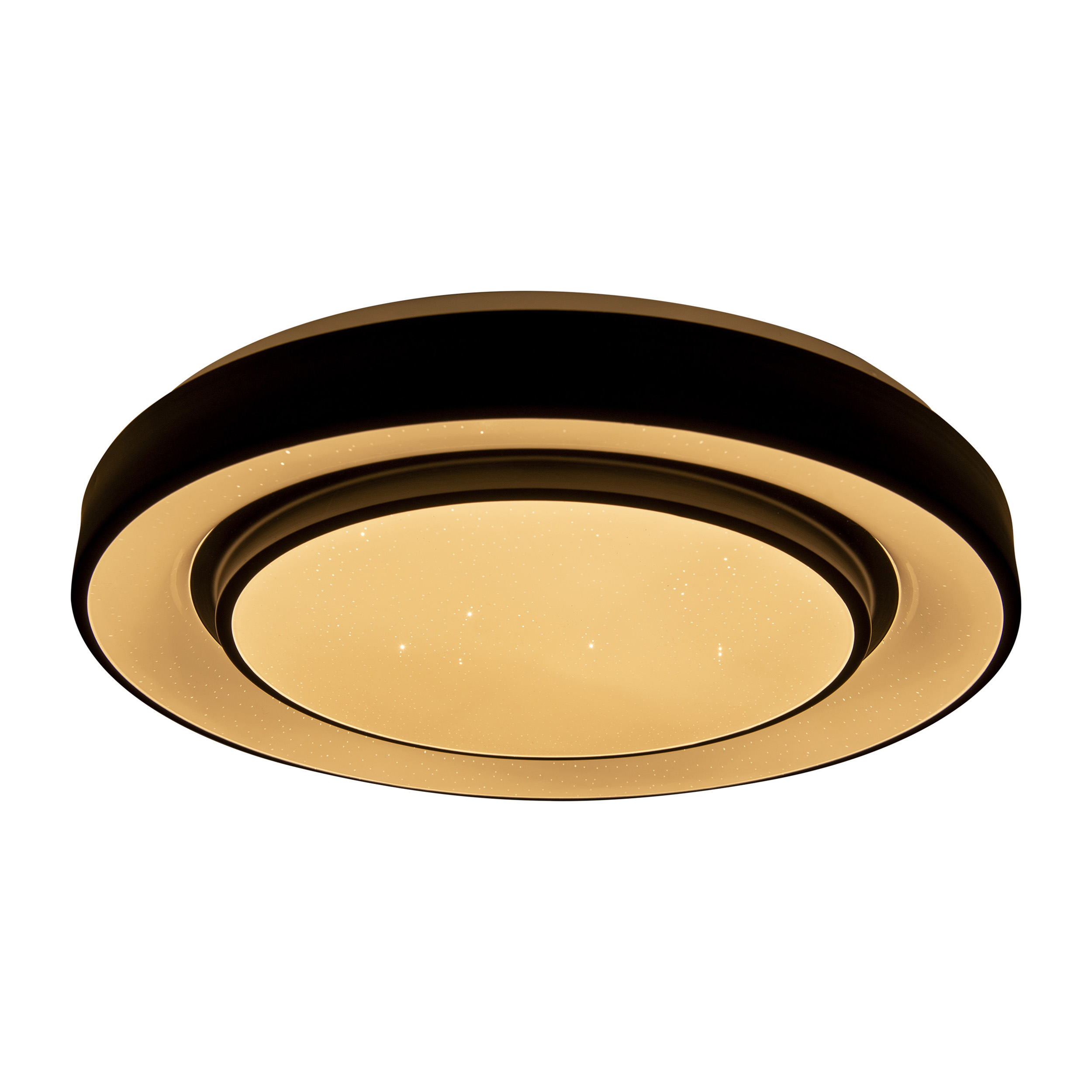 Eine runde schwarze Deckenlampe mit einem weißen Innenkreis und gelbem Licht.