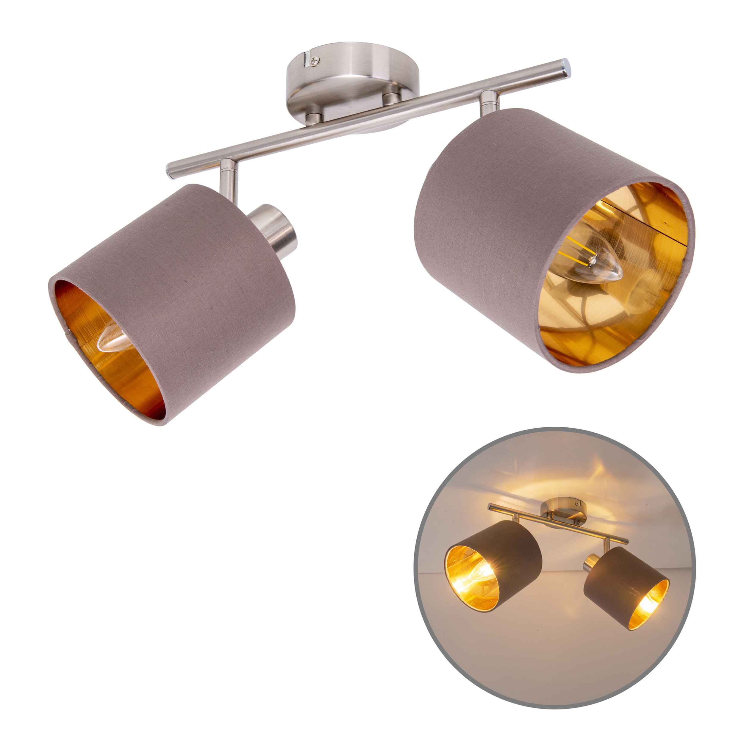 Zwei Lampen mit braunen Schirmen und goldenem Innenraum. Sie sind an einer silbernen Horizontalstange befestigt.