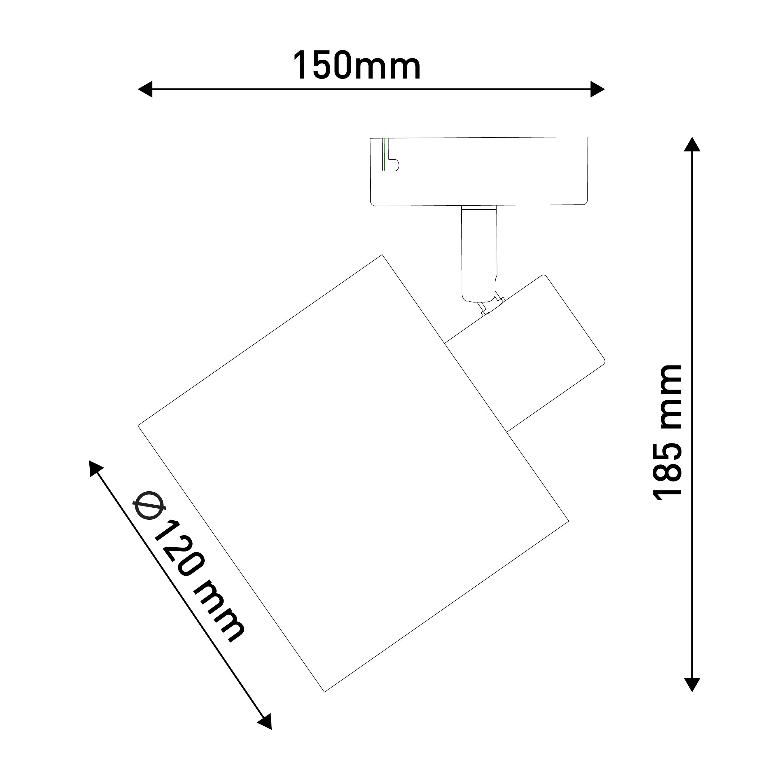 Diagramm mit Abmessungen eines Strahlers, 150mm x 185mm und 120mm Durchmesser.